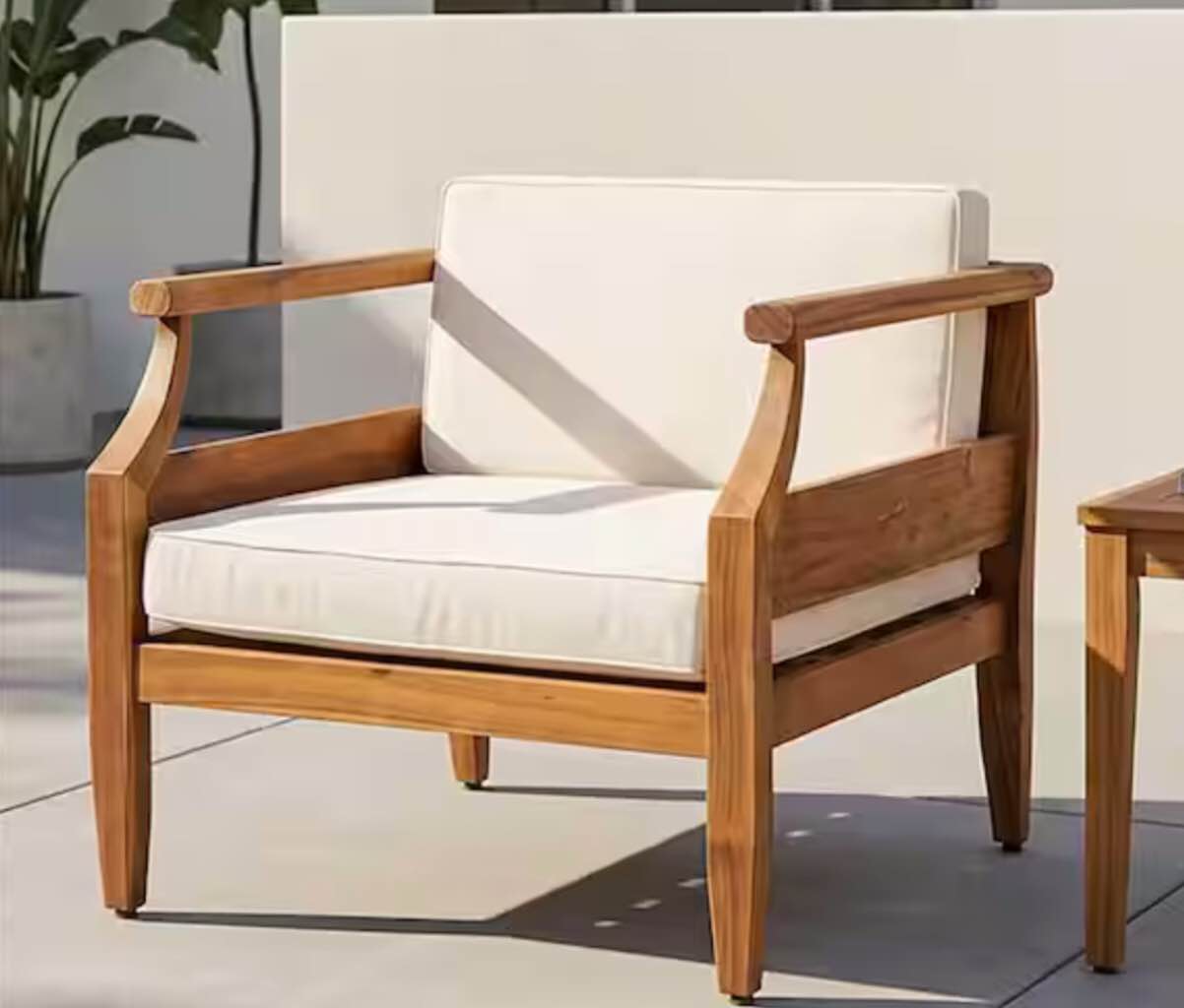 Acacia Wood Outdoor Lounge Chair, Club Chairs 500 lbs. Teak Finish Patio Furniture with Cream Cushions for Garden Porch