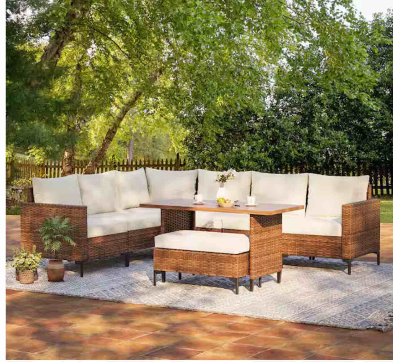  ( incomplete only left arm sofa and single ) Brown 8-Piece Wicker Patio Conversation Set with Beige Cushions, Adjustable Backrest and Storage Ottoman