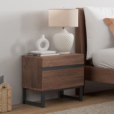 WAMPAT Modern Nightstand with 2 Drawers, Farmhouse BedsideTable with Black Square Iron Leg, Wood Rustic Side End Table