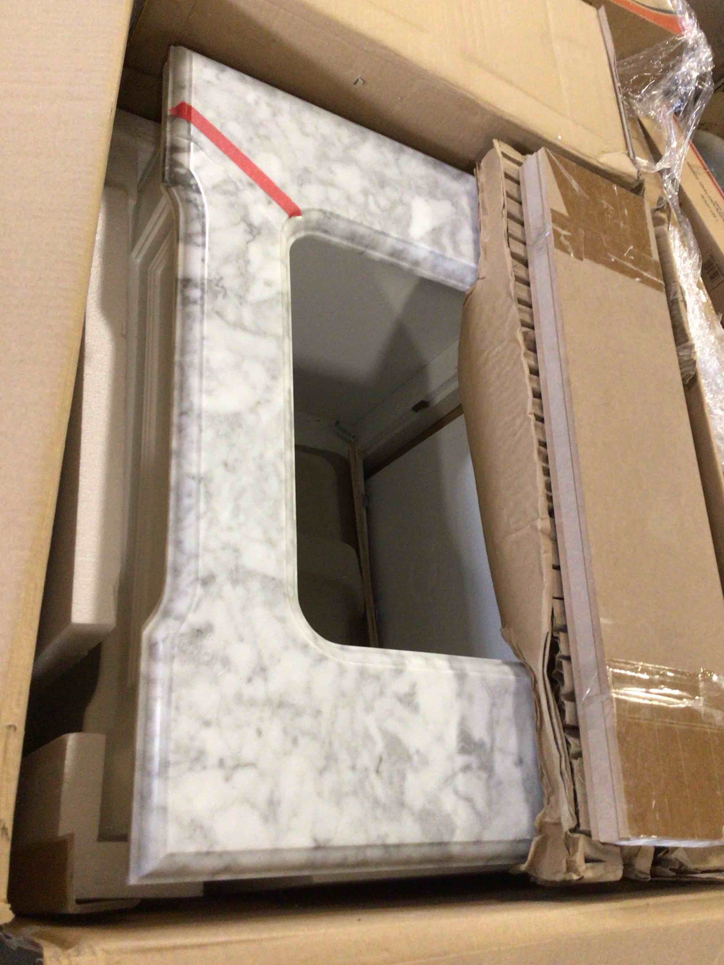 Condition photo showing As Is for ( broken) kohler charlemont 30" bathroom vanity cabinet with white sink and quartz top, modern bathroom storage, white, k-29260-bd1-0