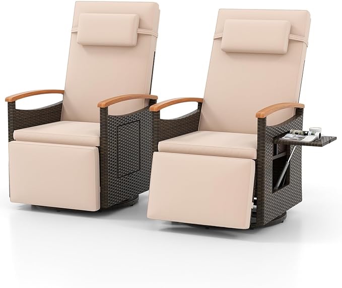 HAPPYGRILL Outdoor Swivel Rattan Recliner Chairs Set of 2, 360° Patio Wicker Chaise Lounge Chair with Adjustable Backrest & Footrest, Flip Side Table for Outside Porch, Poolside & Backyard (Beige)