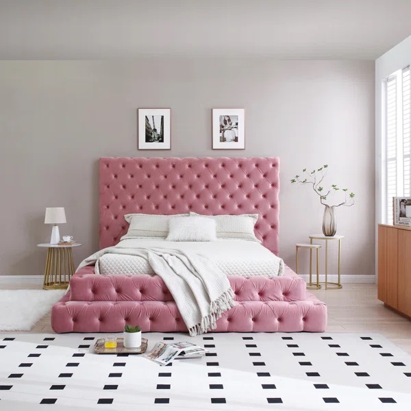 Elen tufted velvet bed pink 