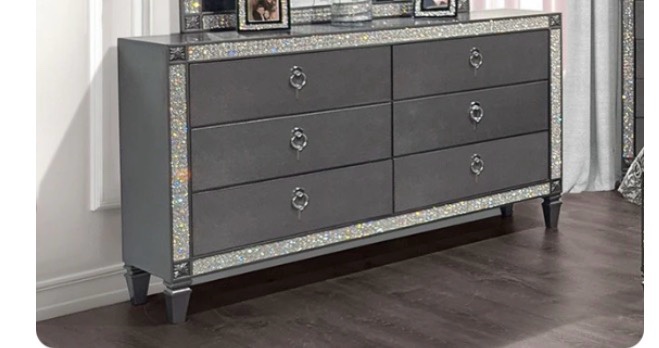 Titania grey finish wood crystal accents trim nickel ring pulls 6 drawer dresser