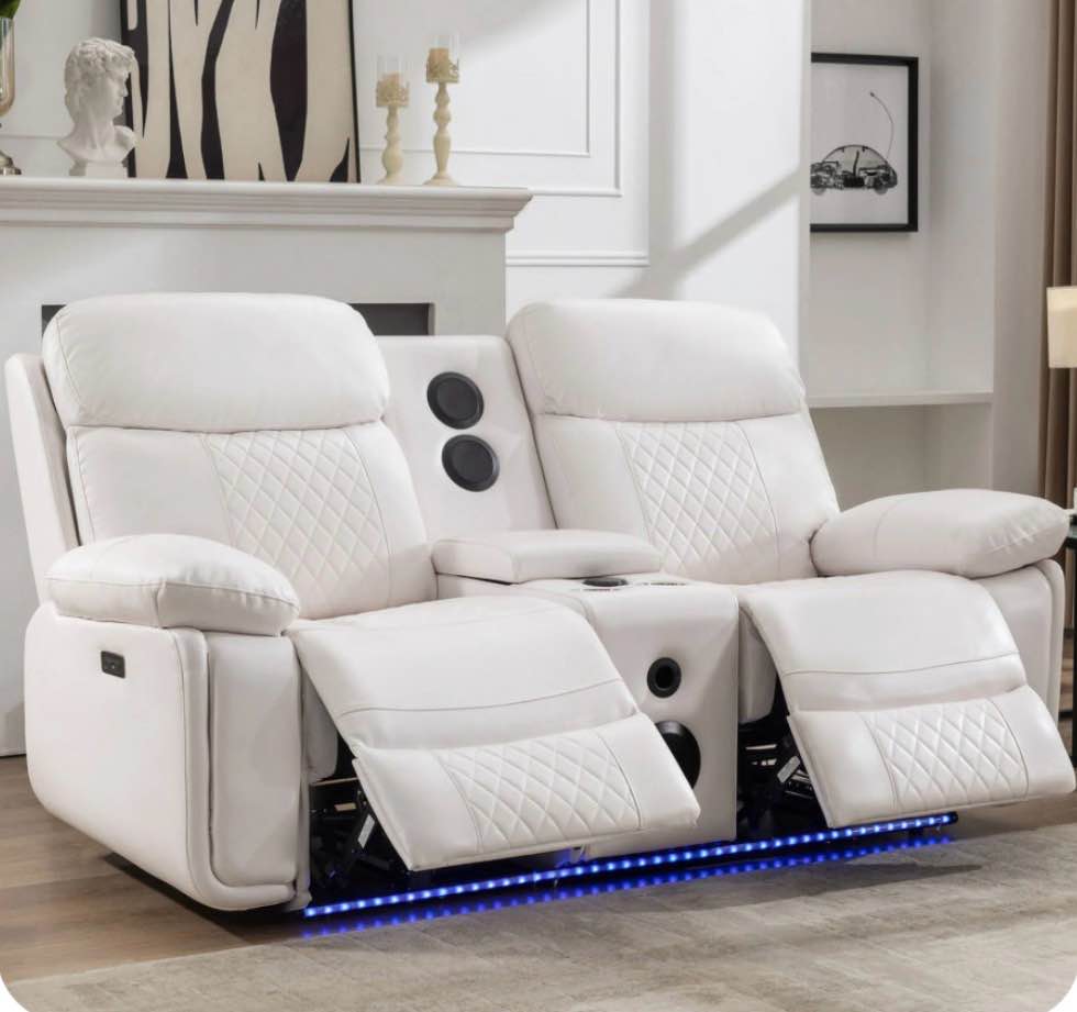 Power Loveseat Recliner Chair Sofa with Speaker for Living Room Faux Leather Electric 2 Seater White Home Theater Seating Doubler Reclining Sofa with Hidden Storage,LED Lights,USB Port,Cup Holders