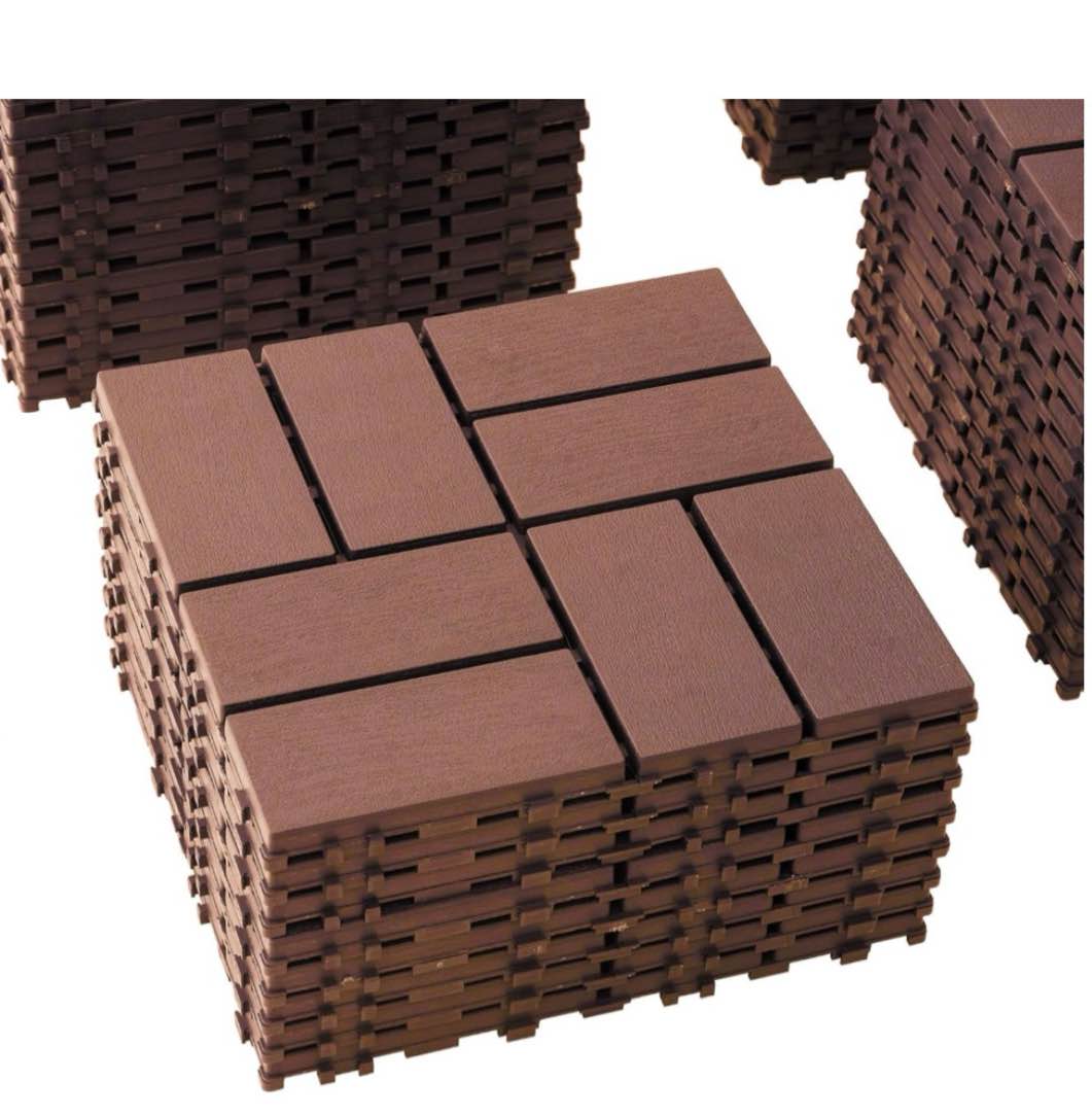 plastic interlocking deck tiles (44 pcs), 12x12 inches waterproof outdoor patio flooring, easy snap balcony floor tiles for garden, poolside, backyard, pathway, indoor use, red brown, grid pattern