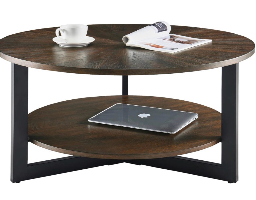 leemtorig 33.5" round wood coffee table, 2-tier circle round coffee table with storage for living room, mid-century modern style with texture surface, rustic brown (missing legs), kfz-1338-nc