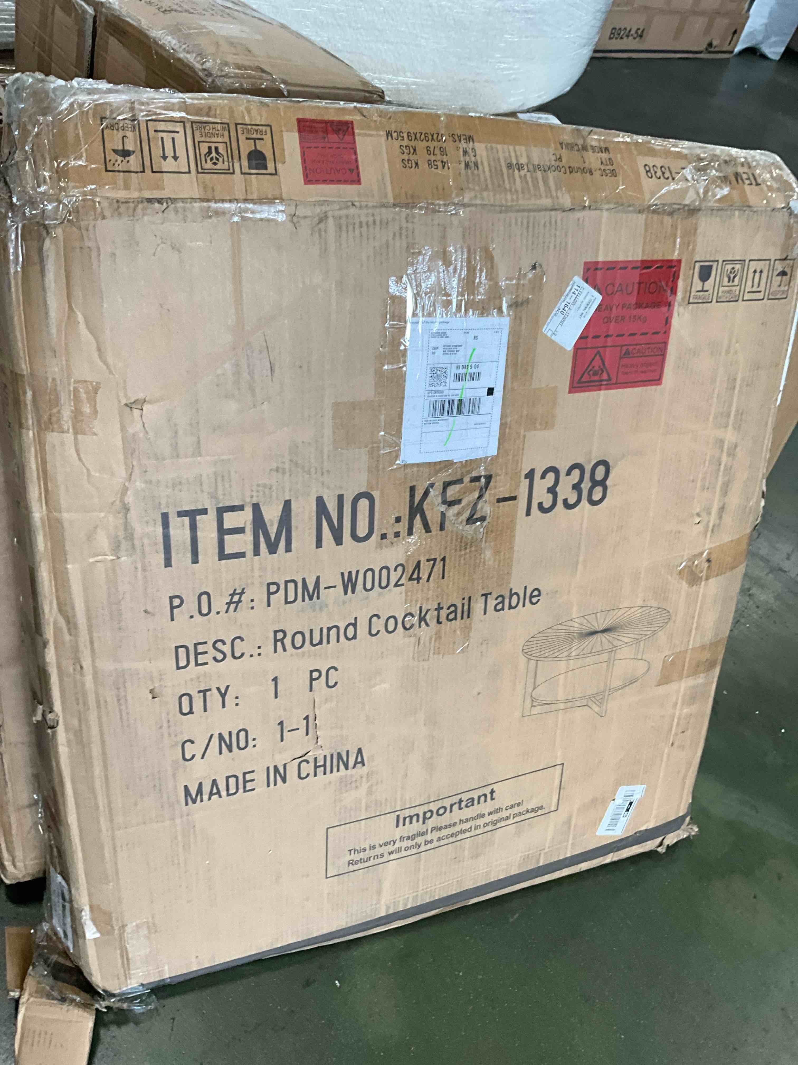 Condition photo showing Good Condition for leemtorig 33.5" round wood coffee table, 2-tier circle round coffee table with storage for living room, mid-century modern style with texture surface, rustic brown (missing legs), kfz-1338-nc