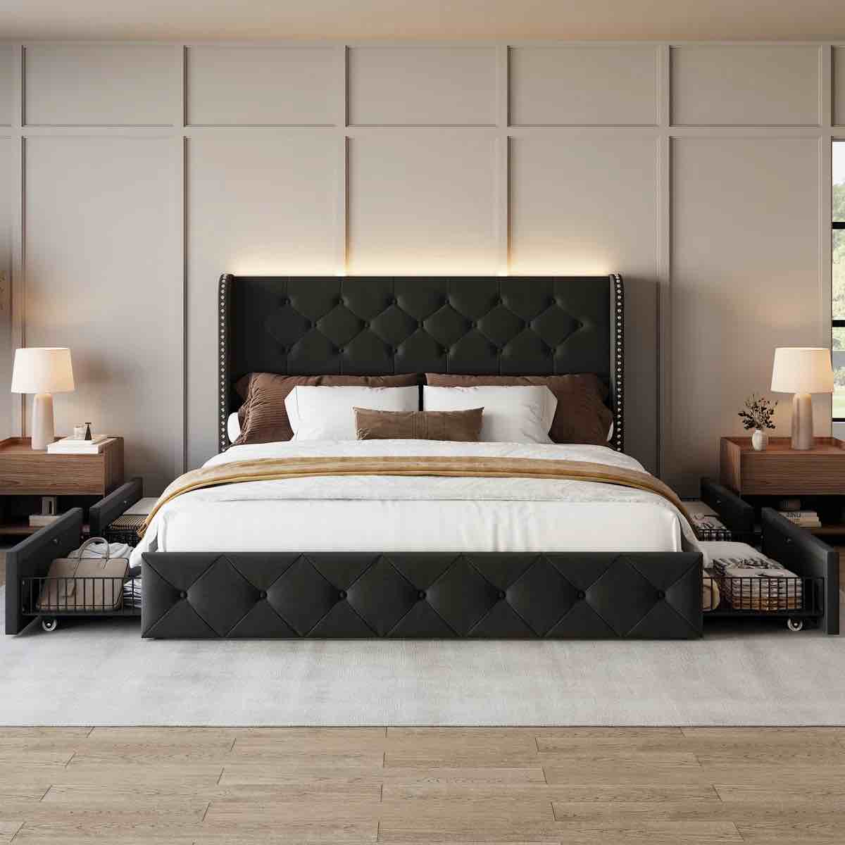Bed Frame With Storage Drawers And Tufted Headboard Velvet Upholstered Platform, Led Light Wingback, Queen