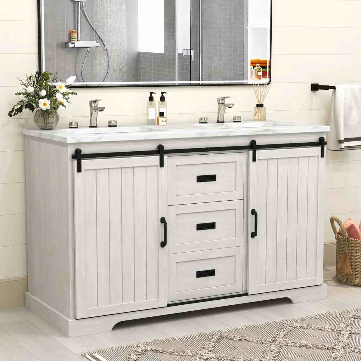 (Brown color) 54'' Double Sink Bathroom Vanity, Sliding Door Bathroom Vanity Cabinet Set with Storage Drawers, Marble Countertop & BackSplash, Complete Bathroom Vanity with No Installation 
