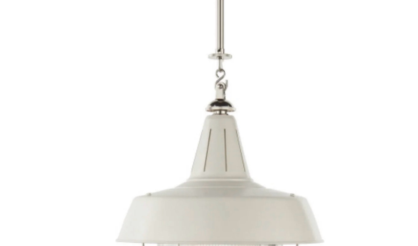 THOMAS O'BRIEN HENRY INDUSTRIAL HANGING LIGHT IN POLISHED NICKEL AND WHITE SHADE WITH INDUSTRIAL PRISMATIC GLASS CEILING LIGHT W18"