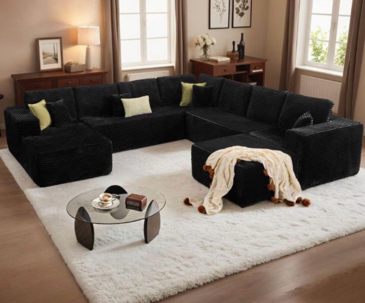 INCOMPLETE Box 2 of 6 and 5 of 6 HOMLUX Mod U-Sectional with Chaise in Black, 