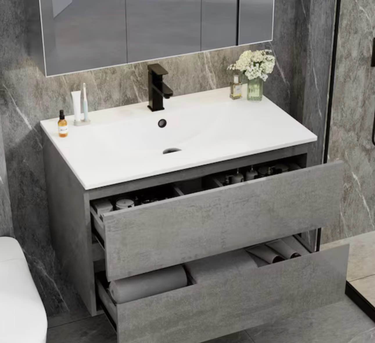 Single Sink Floating Gray Bath Vanity with White Integrated Composite Resin Top( Only Top ) 