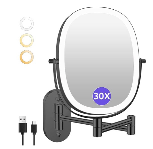 FUNTOUCH 30X/1X Wall Mounted Lighted Makeup Mirror, 5000mAh Rechargeable Oval Double Sided Touch Switch Magnifying Mirror with Light, 3 Color Setting, Extended Arm 360°Swivel Foldable,Black