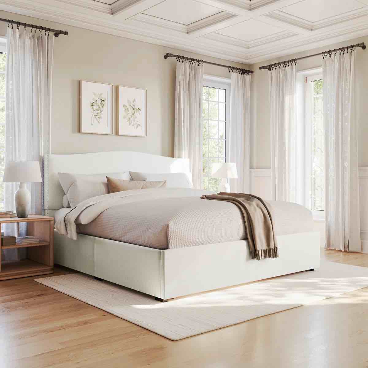 Martha Stewart Nyla Curved Nail Trim Headboard Platform Bed-Large Storage Drawer king 