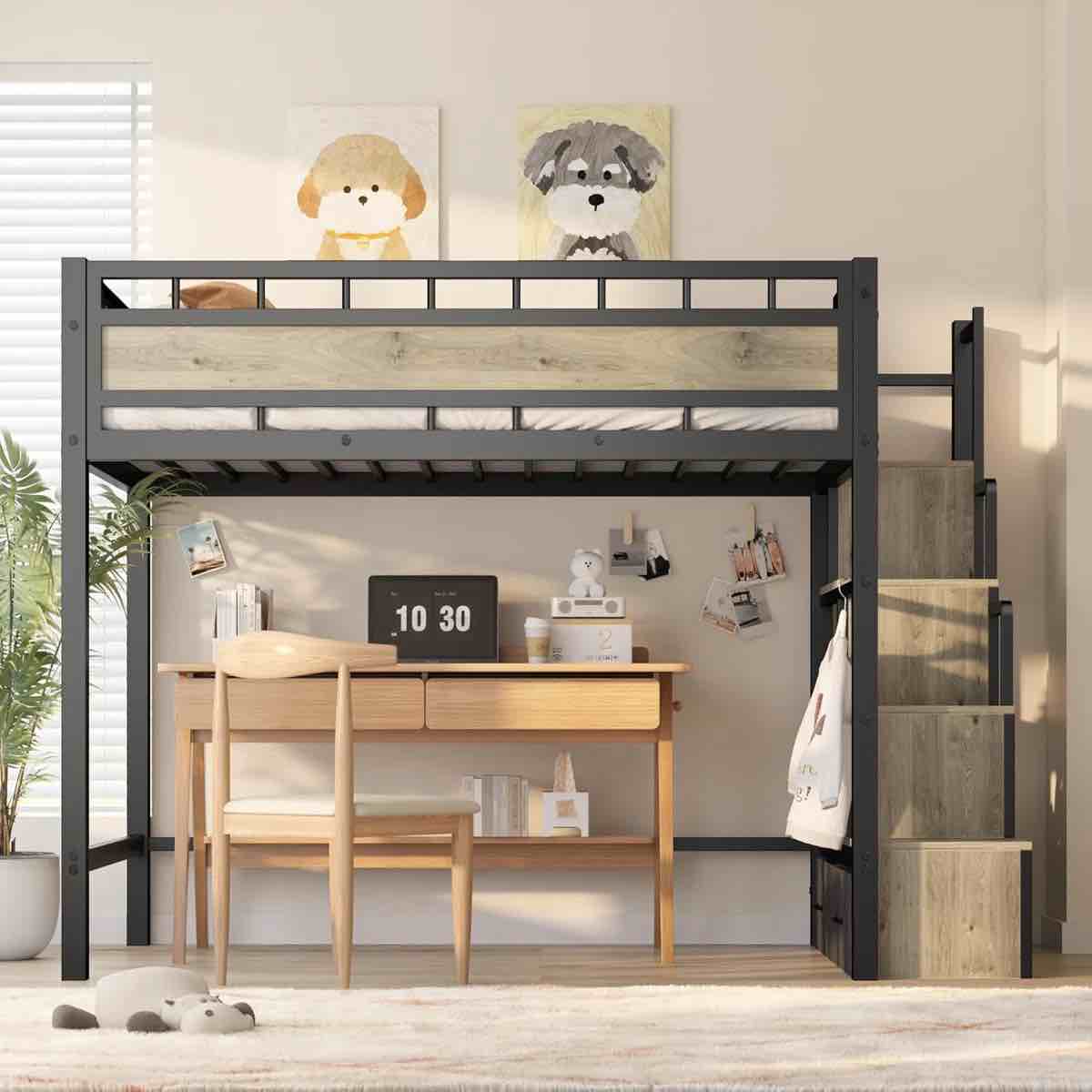 Incomplete (box 1 of 2) Twin Loft Bed With Storage Stairs, Metal Bed Frame, Built-in Guardrail & Anti-tipping Kit, Space-saving Loft Bed For Kids, Teens, Dorm Or Small Rooms Box 1 of 2 