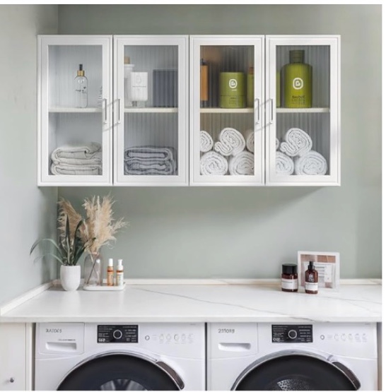 FIMELLO 24’’ Laundry Room Cabinets Set of 2, Bathroom Wall Cabinet Storage Acrylic Glass Doors, Kitchen Cabinets with Adjustable Shelf, Medicine Cabinets for Bathroom, White Bathroom Cabinet