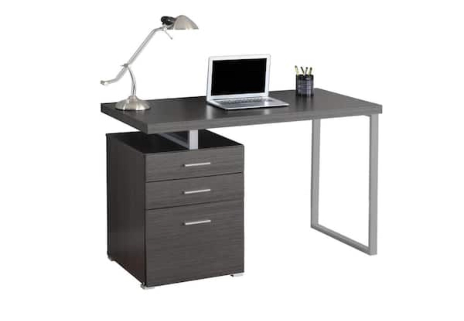 Condition photo showing Good Condition for contemporary weathered grey 3-drawer reversible office desk (incomplete box 2 of 2)