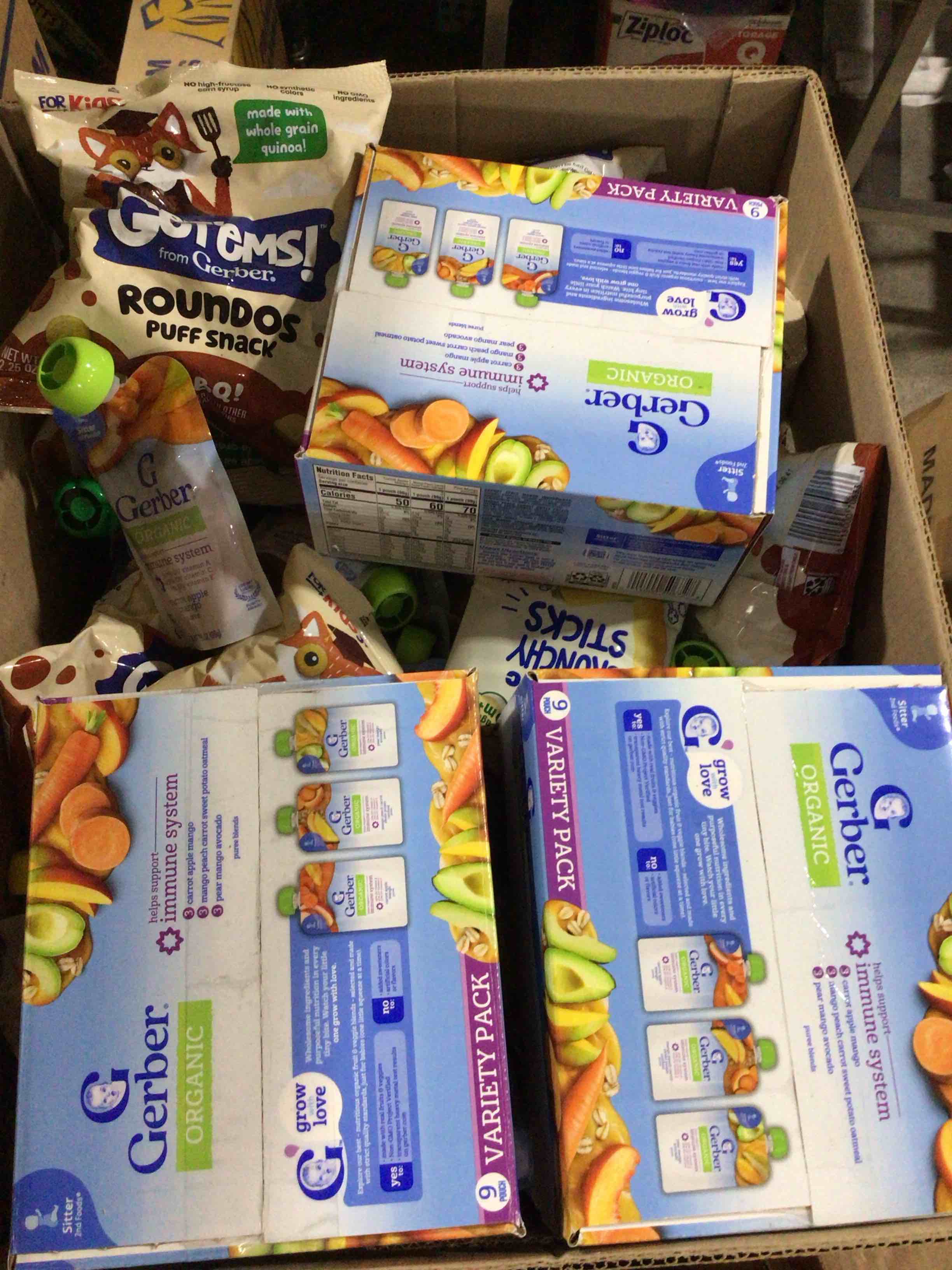 Condition photo showing Good Condition for box of assorted grocery products / baby food / snacks 