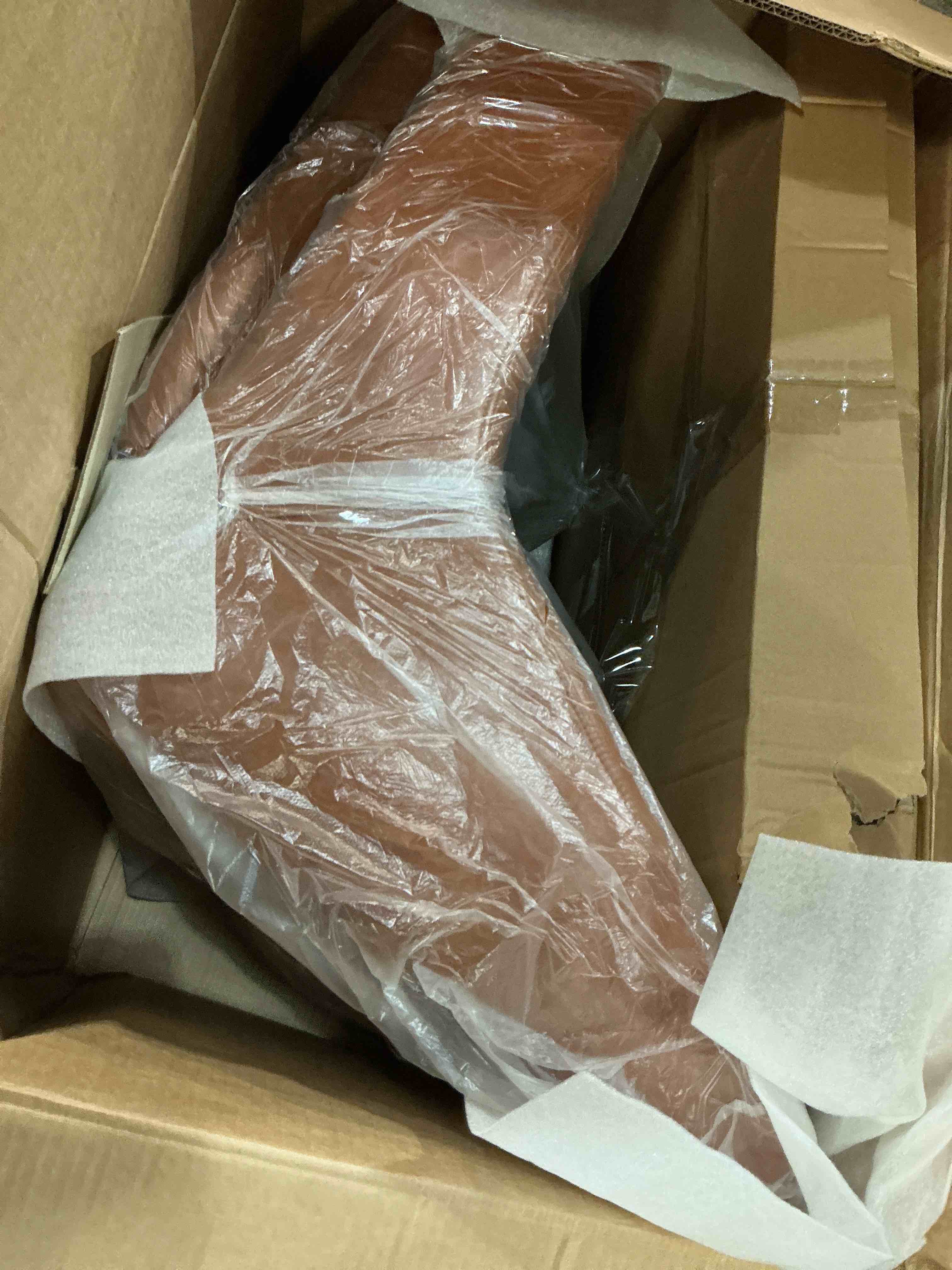 Condition photo showing New/Like New for 29.2'' mid-century chair - faux leather cushioned seat, brass-tipped solid wood legs, perfect for living room, bedroom, or office (brown)