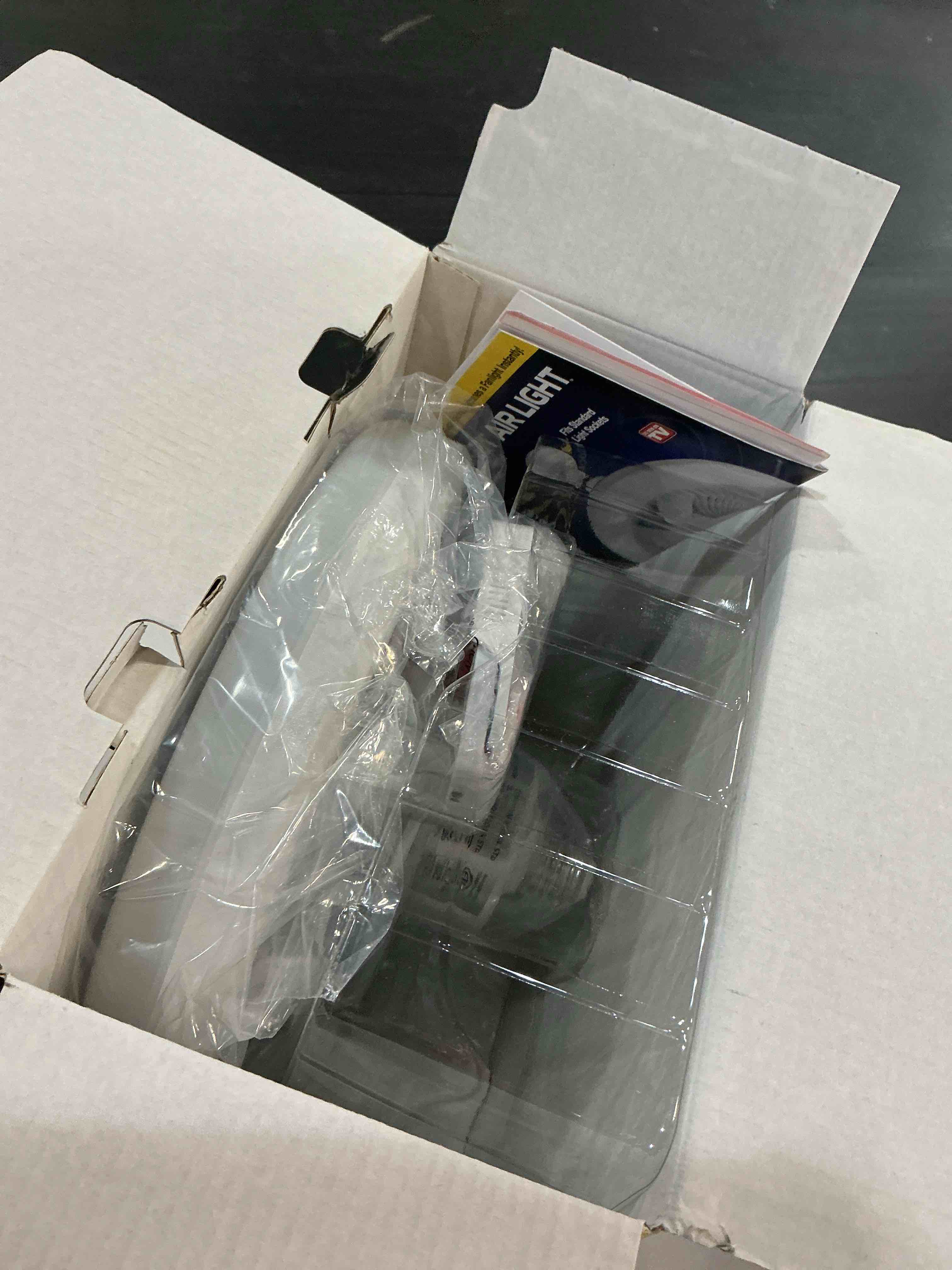 Condition photo showing As Is for bell+howell socket air wireless ceiling fan light with remote control, extender,110-120 volt, 2100 lumens, 3 fan speeds, 3 light settings, 6500k for living, dining, working space ason tv