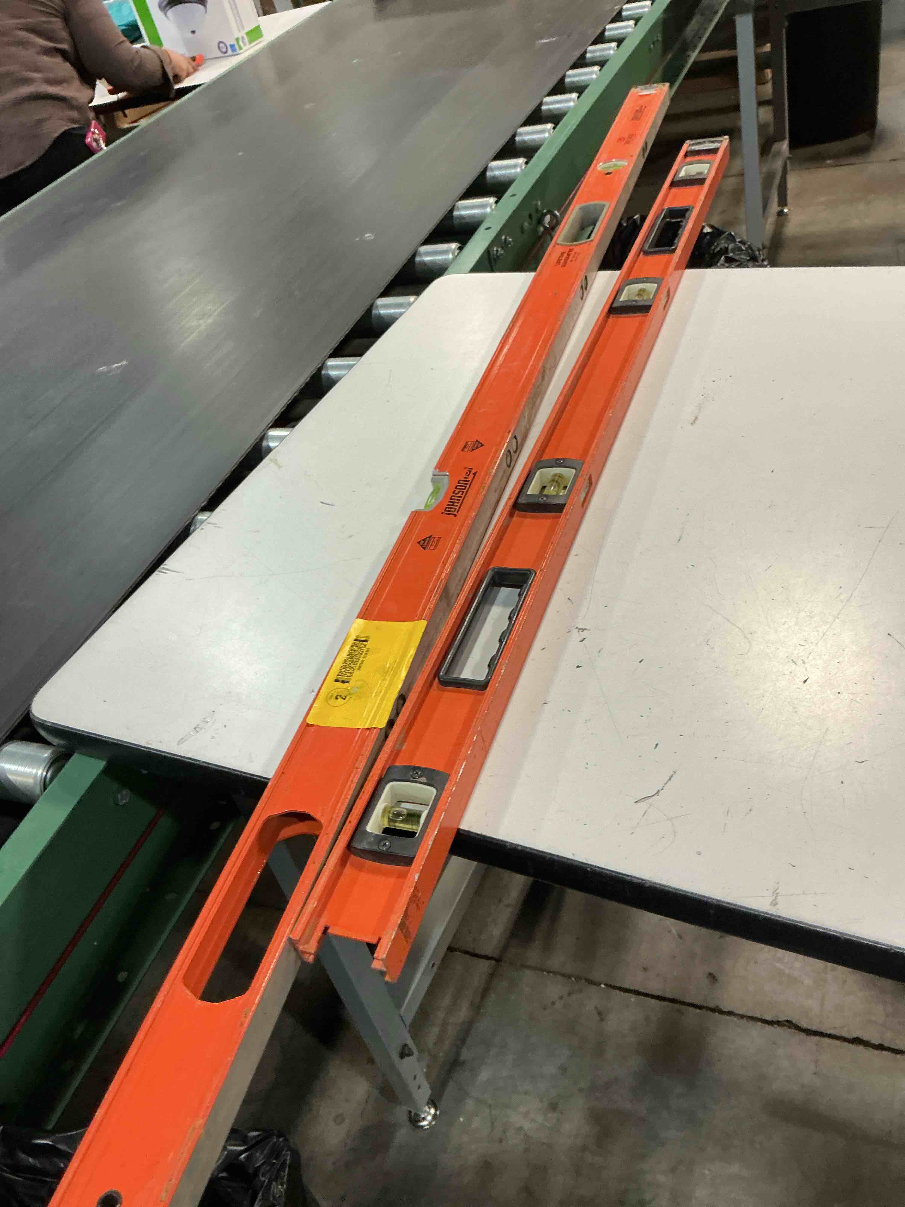 Condition photo showing As Is for klein tools 93548mag 48-inch box level, magnetic box beam bubble level, 3 vials, high visibility orange, aluminum body, v-groove and magnet track