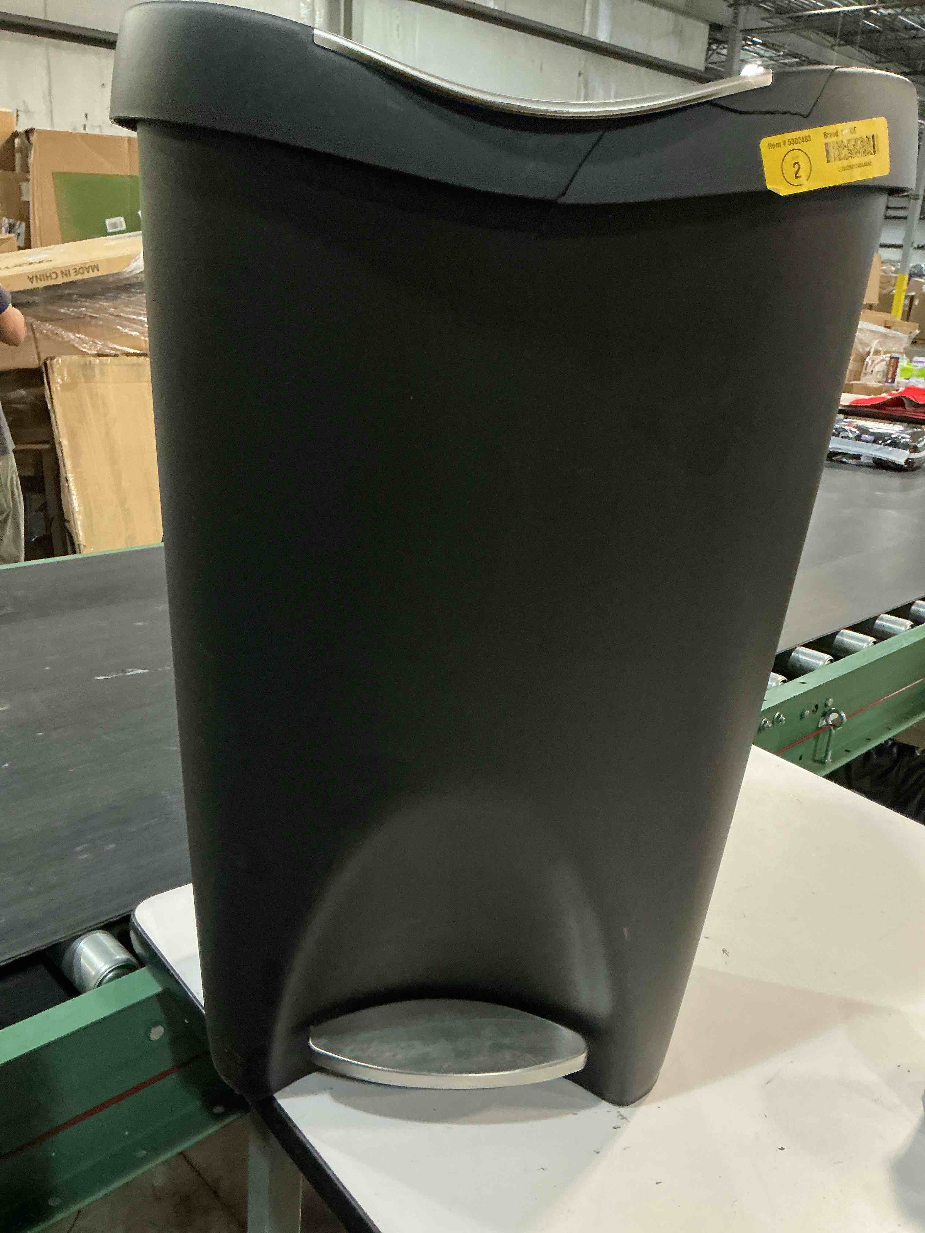 Condition photo showing As Is for glad premium 13 gallon trash can - plastic kitchen waste bin with odor protection of lid, stainless steel step on foot pedal and garbage bag rings, black black-premium 13 gallon