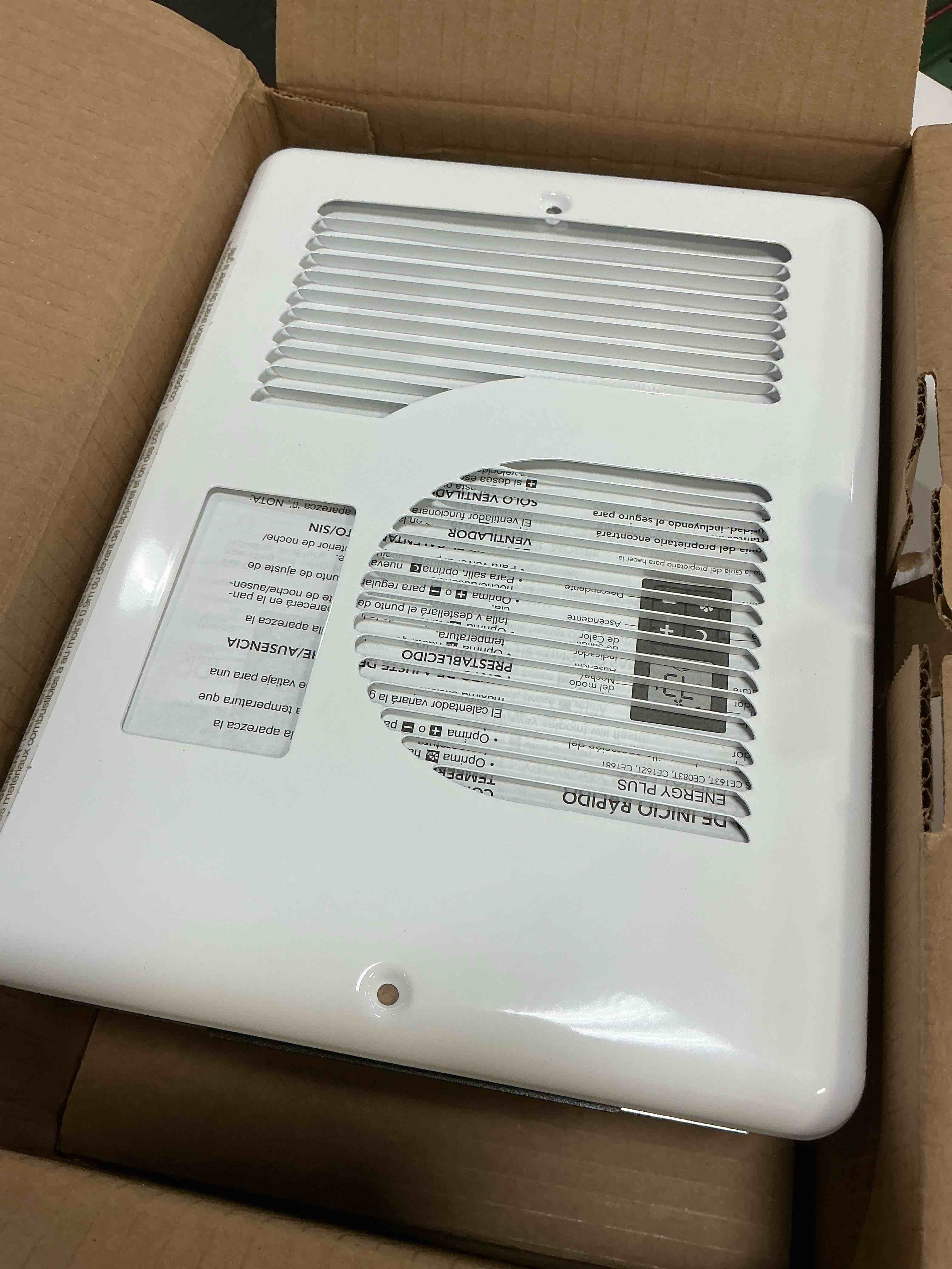 Condition photo showing Good Condition for cadet energy plus wall heater complete unit with built-in digital thermostat (model: cec163tw, part: 65215), 5460/5120/3410 btu, 240/208/120 volt, 1600/1500/1000 watt, white
