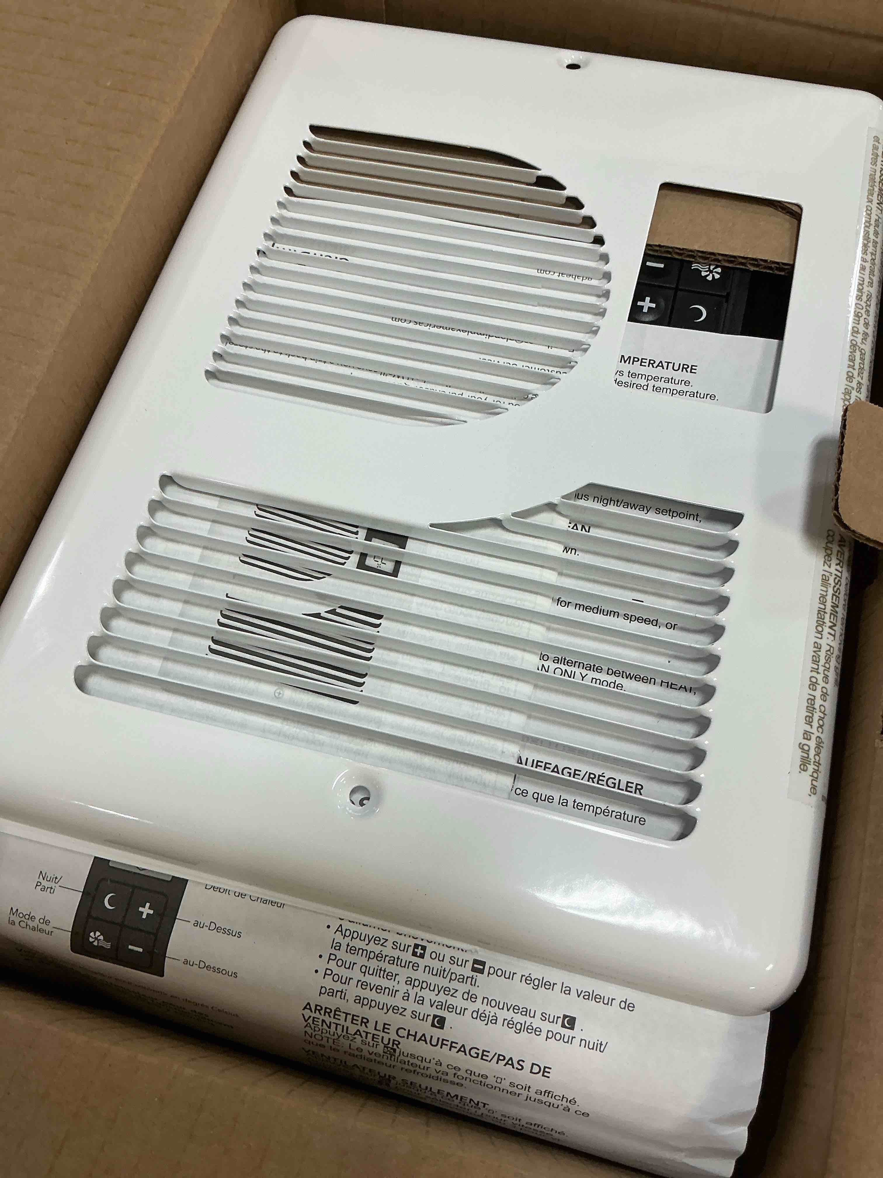 Condition photo showing Good Condition for cadet energy plus wall heater complete unit with built-in digital thermostat (model: cec163tw, part: 65215), 5460/5120/3410 btu, 240/208/120 volt, 1600/1500/1000 watt, white