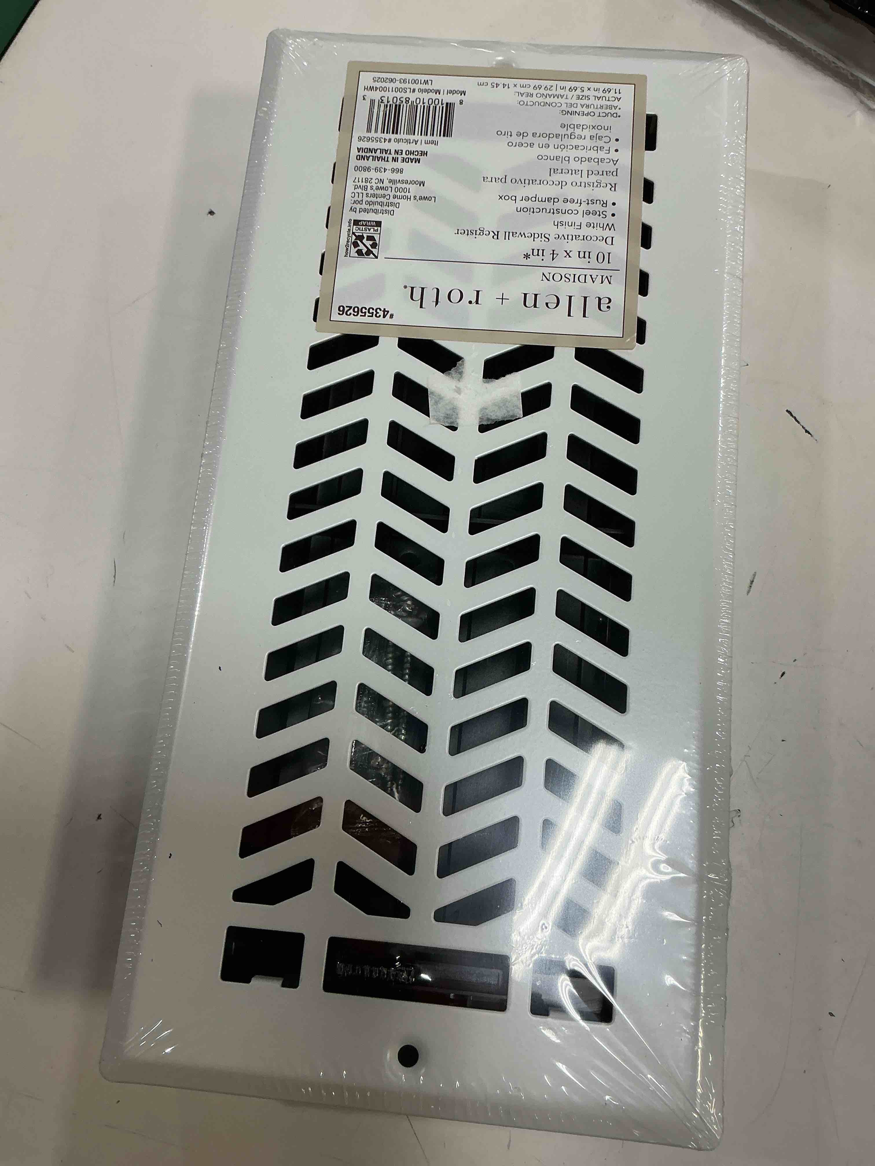 Condition photo showing New/Like New for allen + roth 10-in x 4-in maximum airflow steel white madison design sidewall/ceiling register