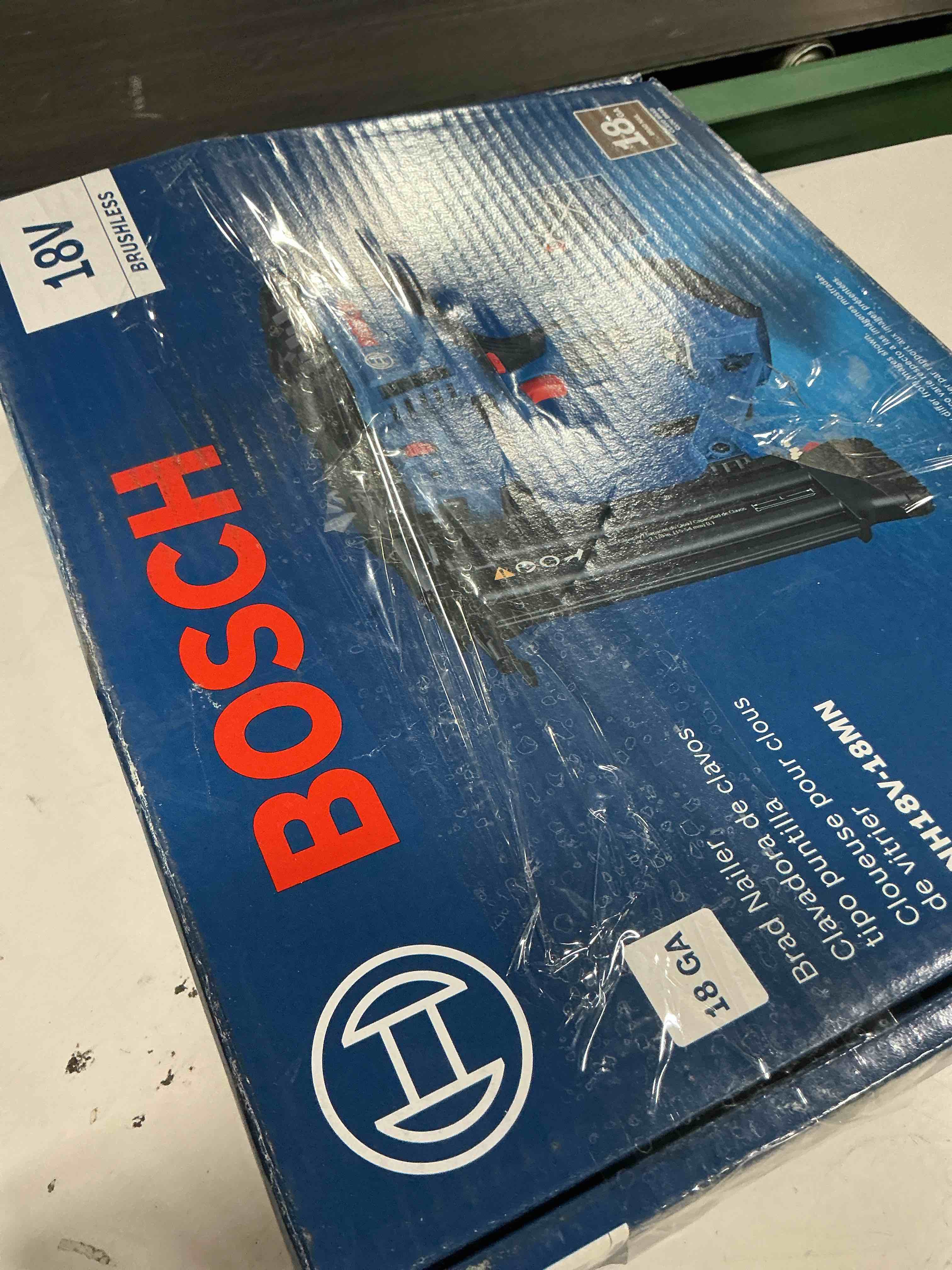 Condition photo showing As Is for bosch gnh18v-18mn 18v brushless 18-gauge brad nailer - cordless power, fastens up to 2,000 nails per charge, one-handed activation, tool-free jam clearing, double led light (bare tool)