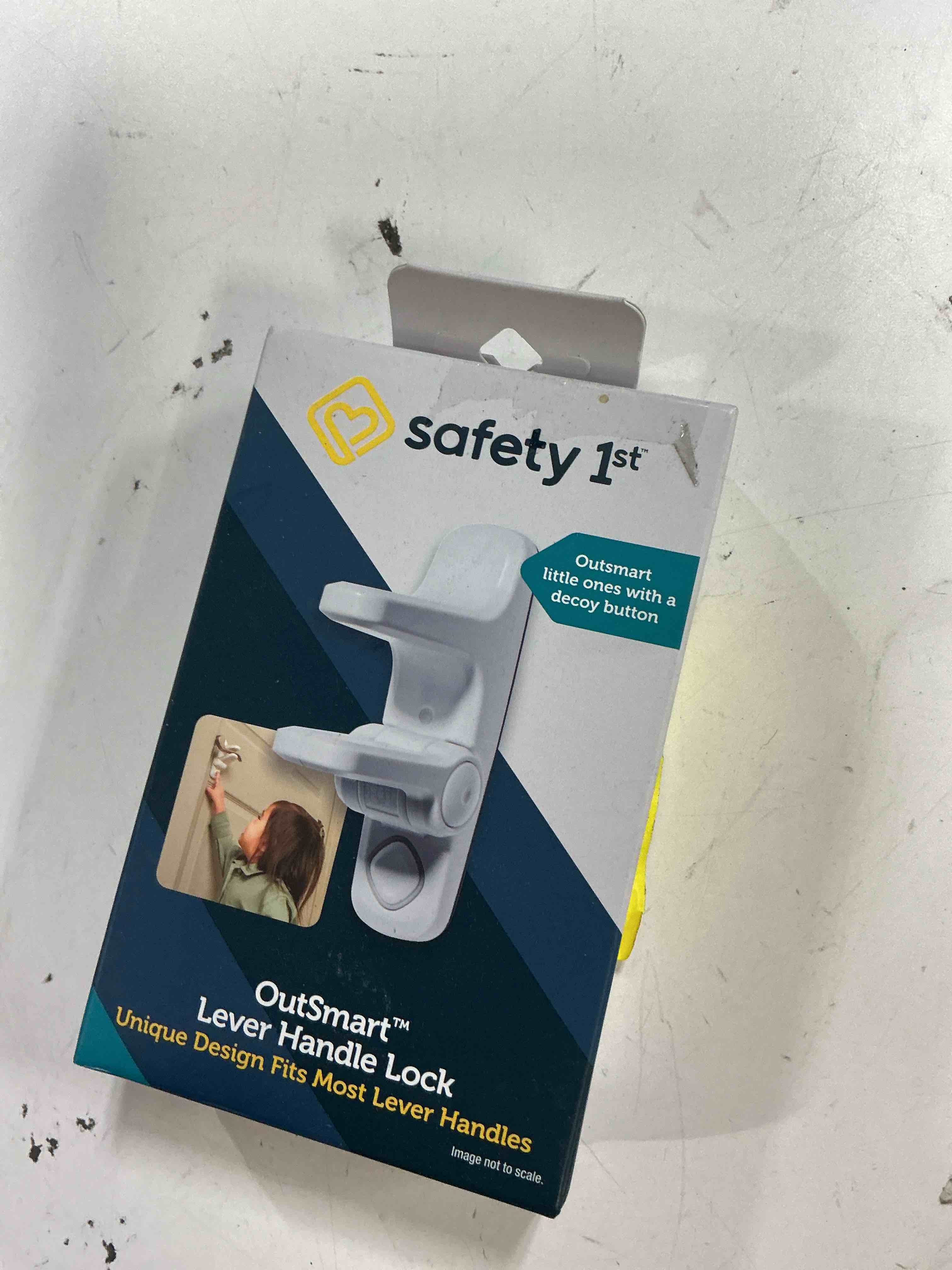Condition photo showing As Is for safety 1st outsmart lever lock with decoy button - white