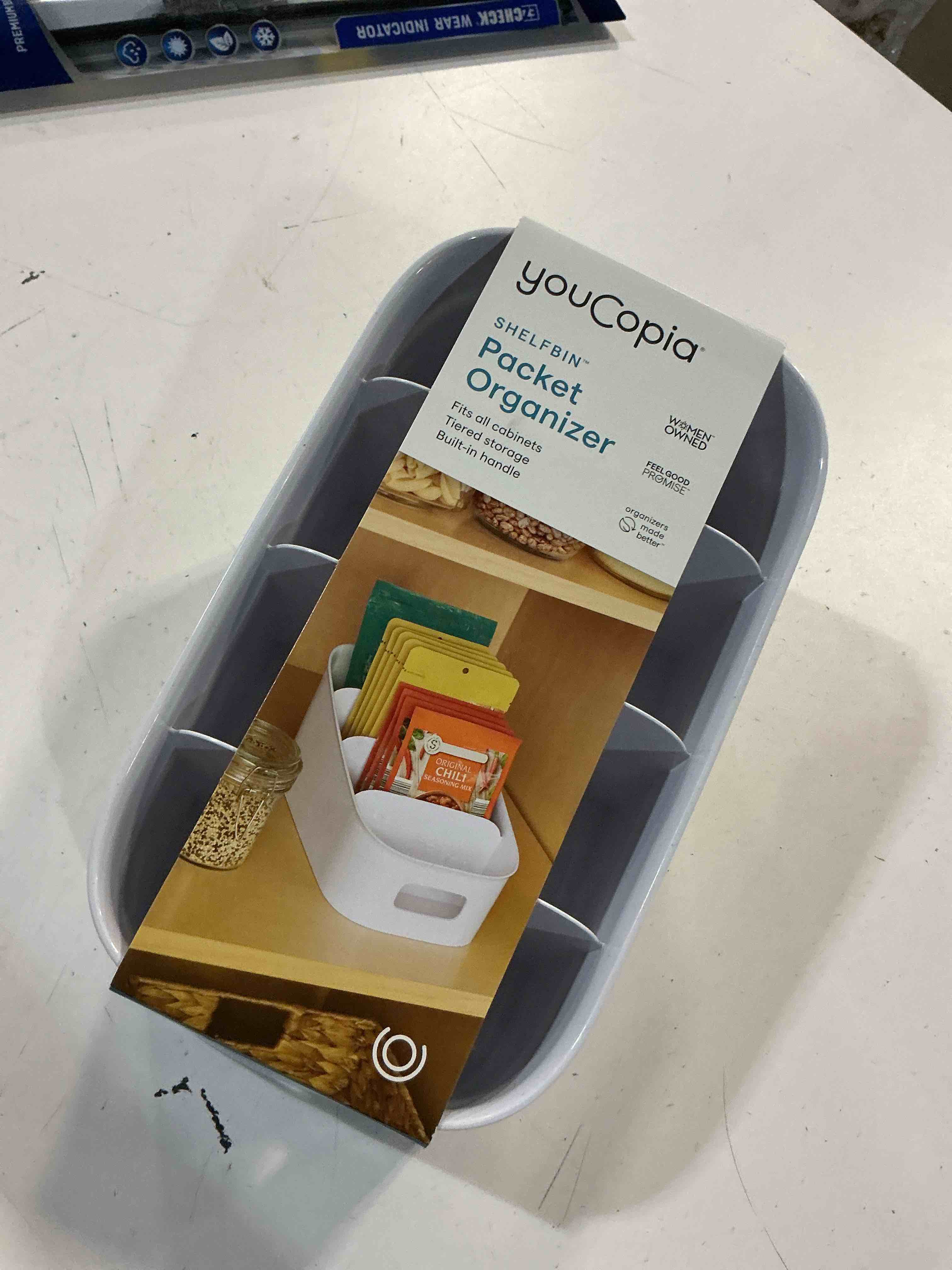 Condition photo showing Good Condition for youcopia divided bin, 4-tier raised bpa-free storage caddy shelfbin packet organizer, one size, speckled white