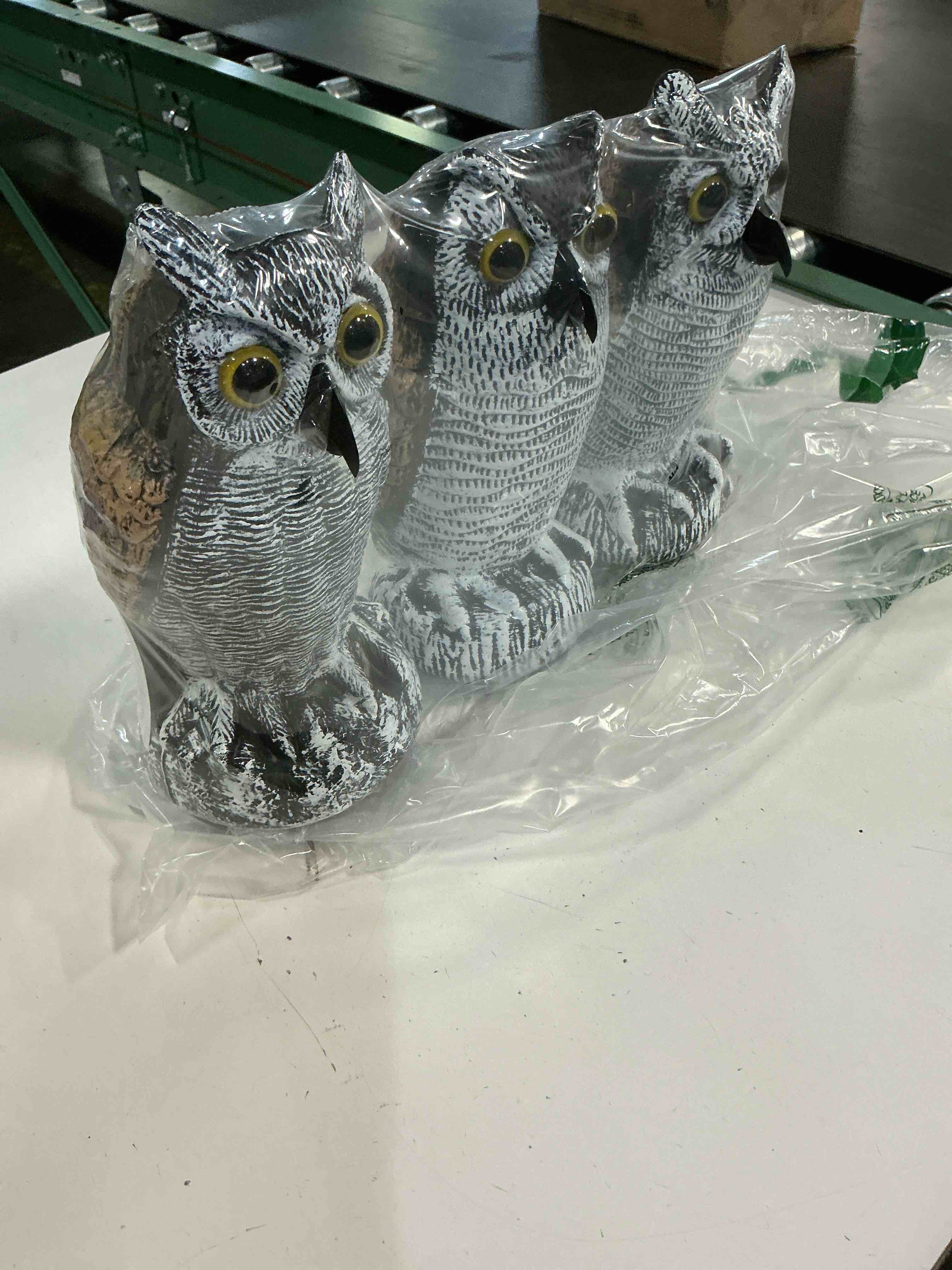 Condition photo showing New/Like New for 3-pack owl decoys for bird deterrent - weatherproof bird repellent devices for outdoor use - plastic owls to scare birds away and control garden pests