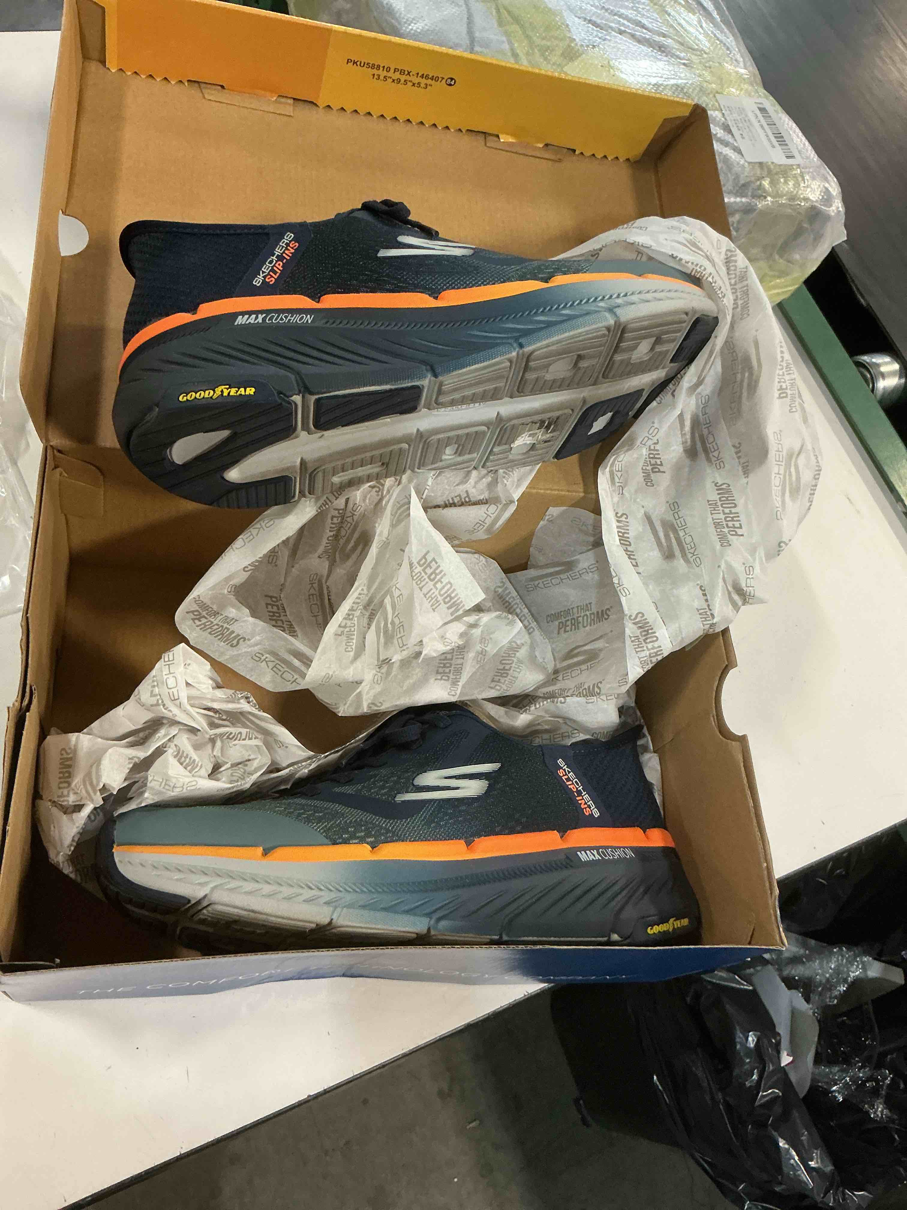 Condition photo showing As Is for skechers men's max cushioning premier 2.0 ascendant ii hands free slip-ins sneakers 9 navy/orange