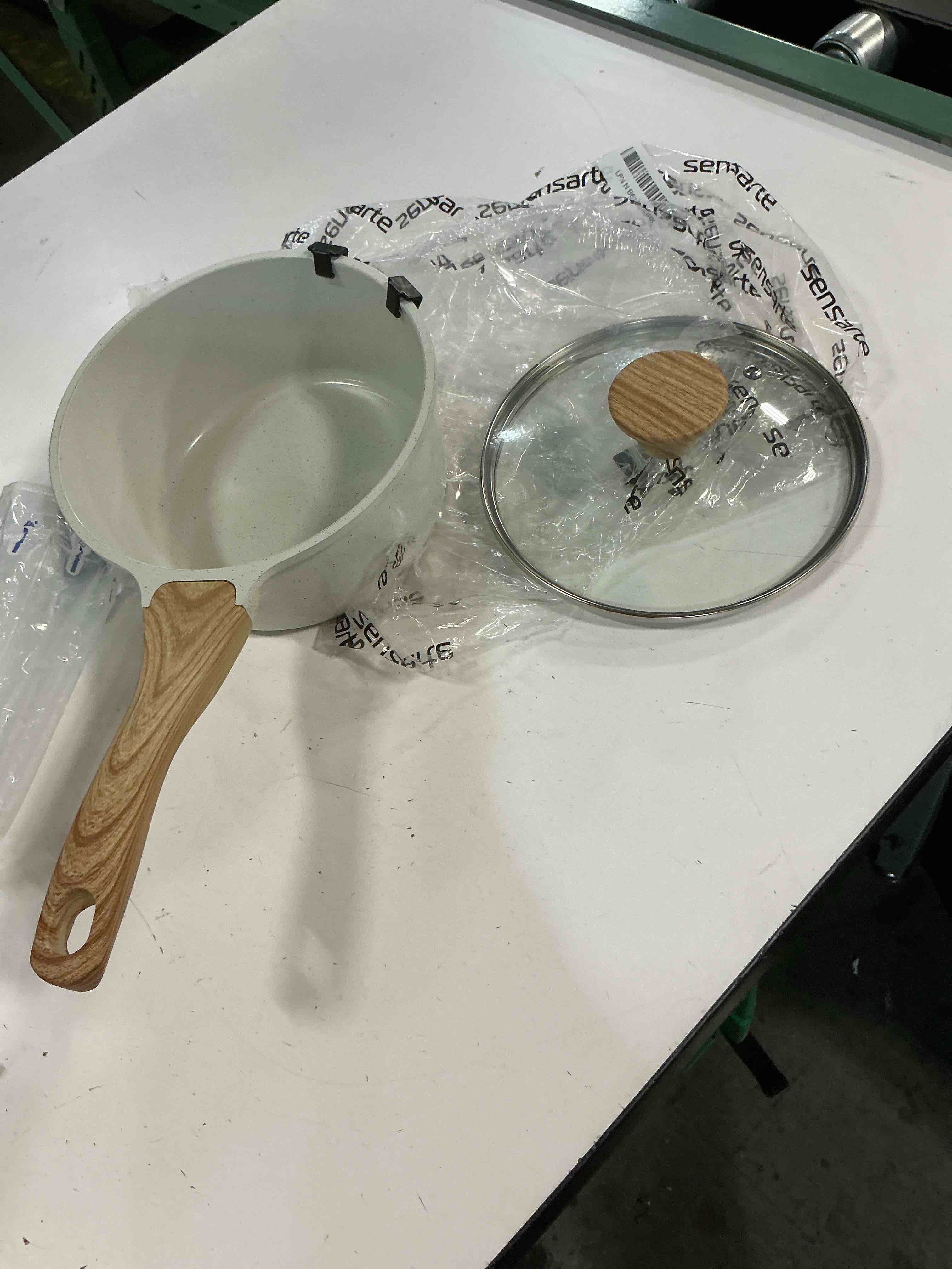 Condition photo showing As Is for sensarte white ceramic nonstick saucepan with lid 2.0 quarts, small cooking pot with stay cool handle, induction compatible saucepot, white granite coating, free of intentionally added ptfe/pfoa/pfas white ceramic 2.0 quarts