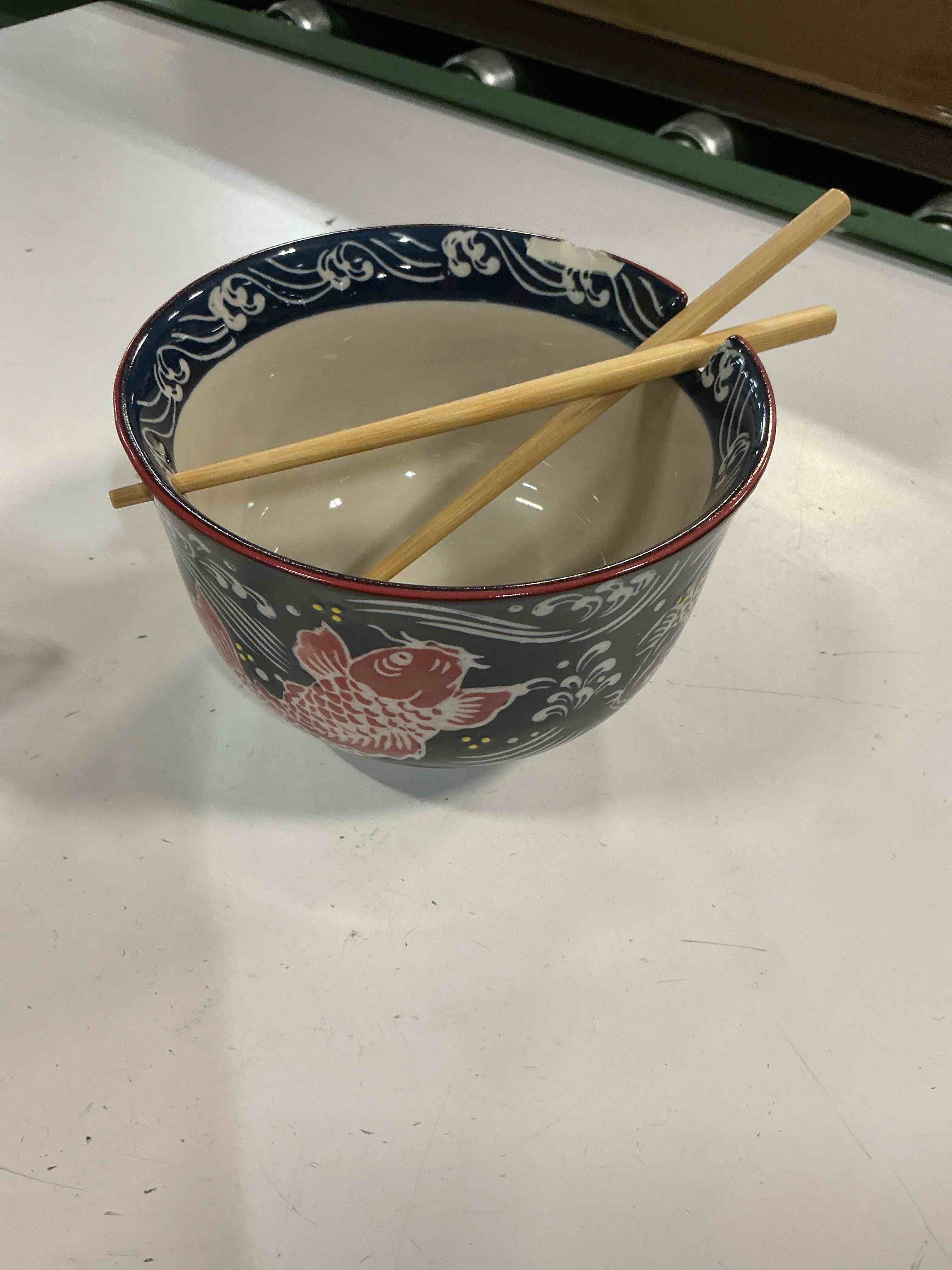 Condition photo showing As Is for urban tokyo ramen udon noodle bowl with chopsticks - 24 fl oz, 6 inch diameter handcrafted porcelain multi purpose soba pho noodle donburi rice tayo bowl (koi fish)