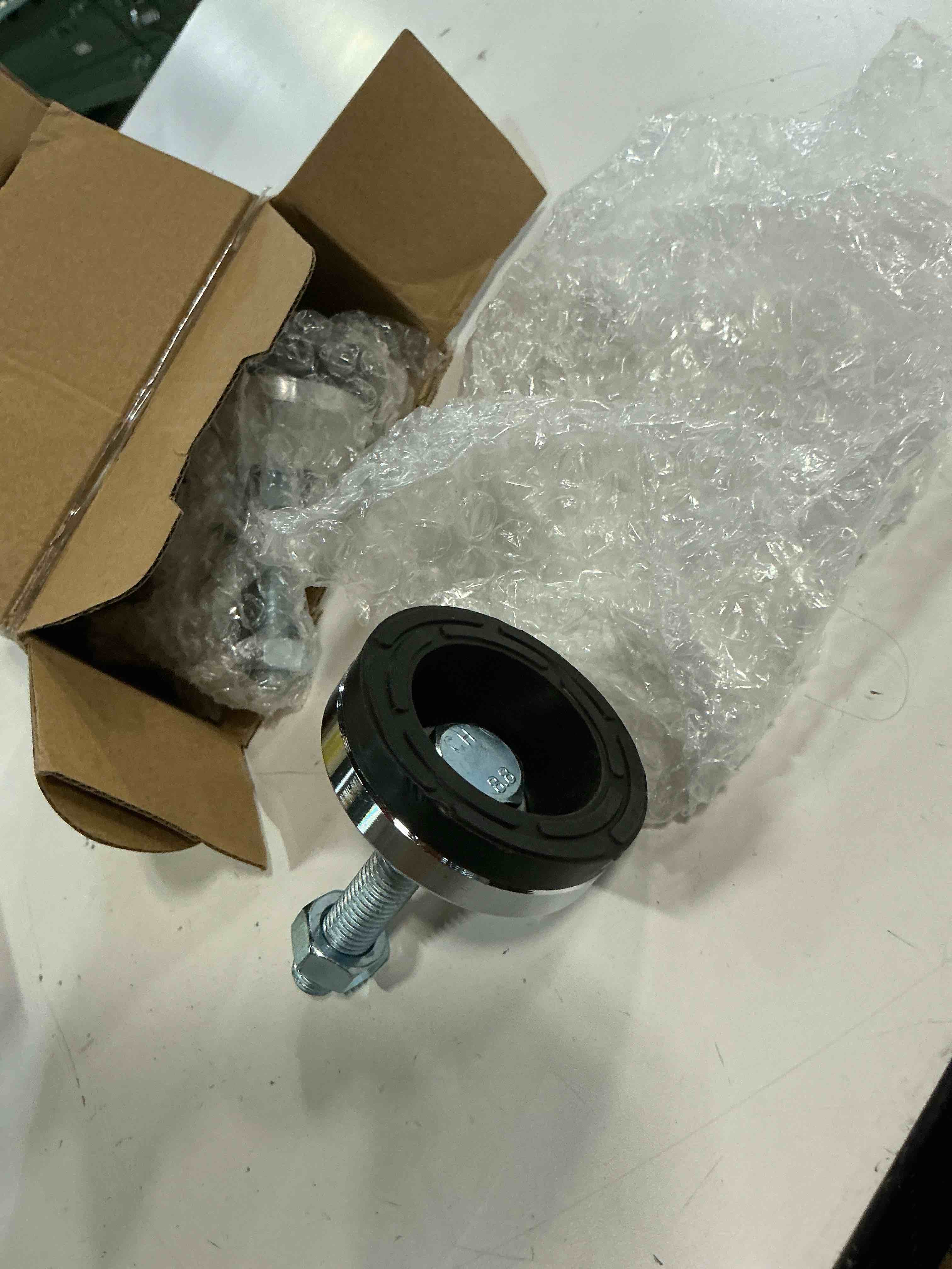 Condition photo showing New/Like New for heavy duty leg levelers ? leveling legs 2.36" dia base,adjustable feet levelers m12 thread, 1300 lb capacity,capacity for workbench, machine, cabinet (d60xm12x50,4 pcs, black) d60xm12x50,4 pcs black
