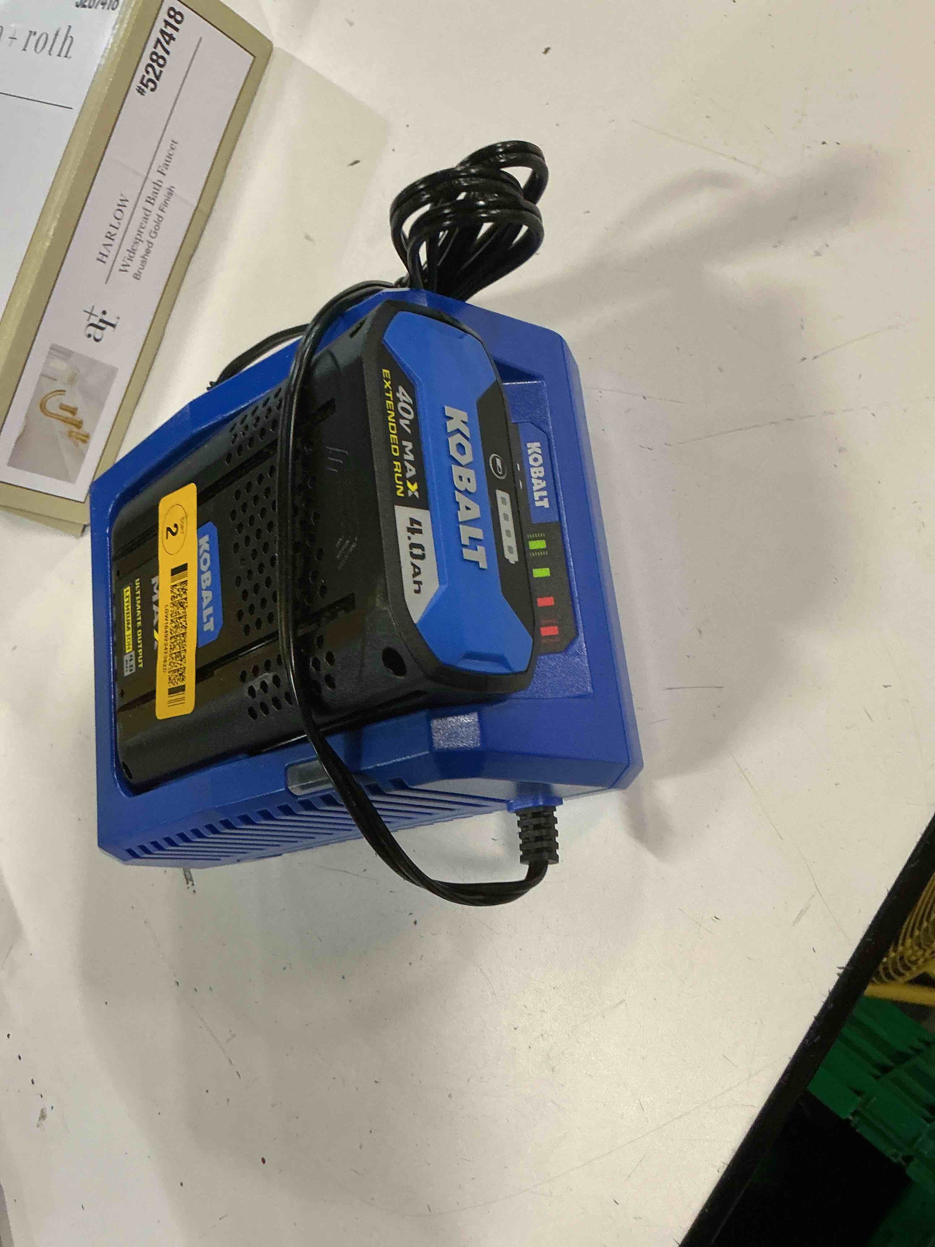 Condition photo showing As Is for kobalt 40-volt power equipment battery rapid quick charger gen3 with battery 