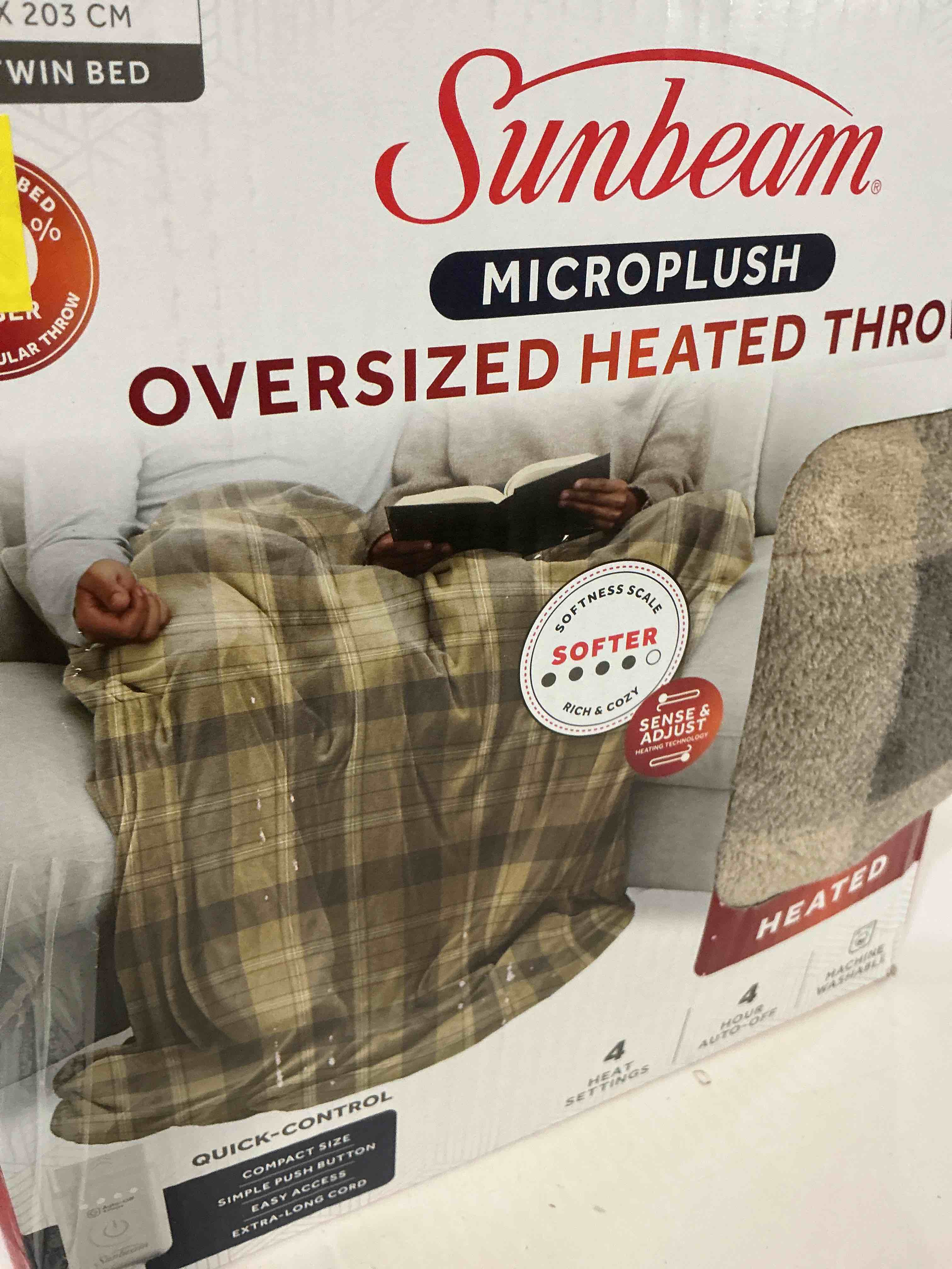 sunbeam electric heated throw blanket neutral plaid super soft microplush 4 heat settings oversized 60x80inch 