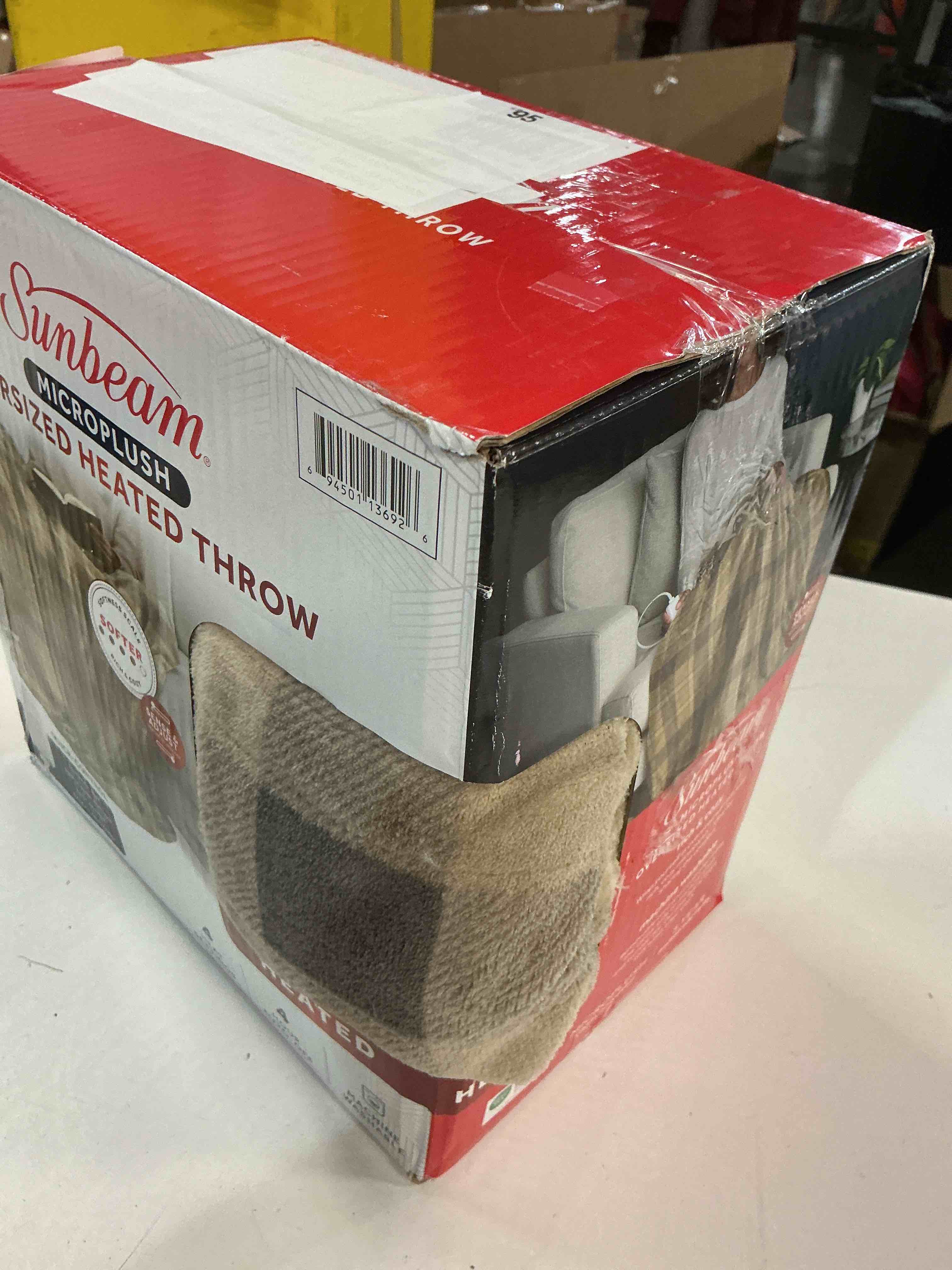 Condition photo showing As Is for sunbeam electric heated throw blanket neutral plaid super soft microplush 4 heat settings oversized 60x80inch