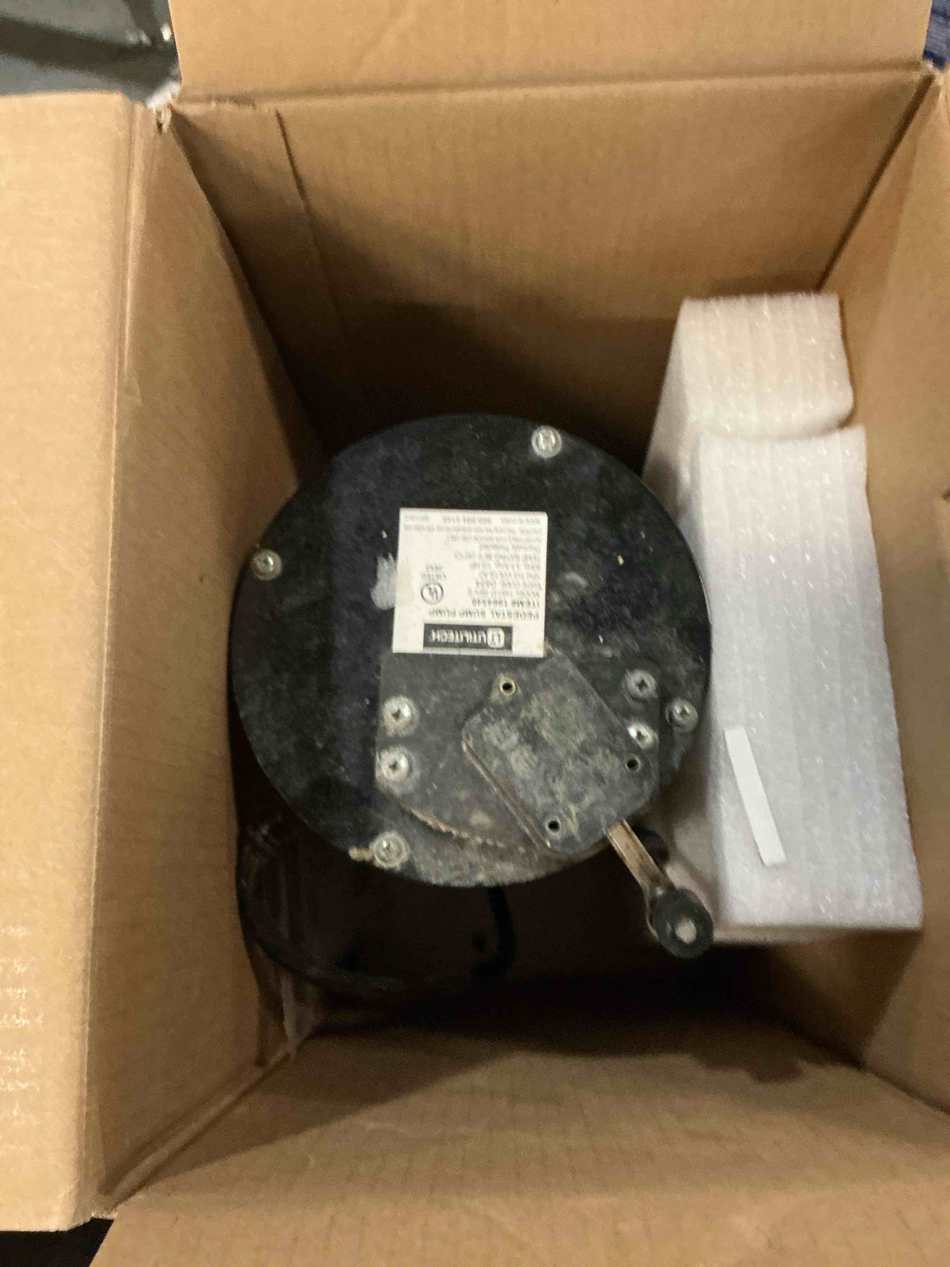 Condition photo showing As Is for utilitech thermoplastic pedestal sump pump 1/3 hp 58gpm 115v