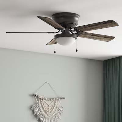 harbor breeze armitage 52-in matte black with black/cocoa blades flush mount ceiling fan with light and pull chain included 5 -blade item #2758983 | model #42480