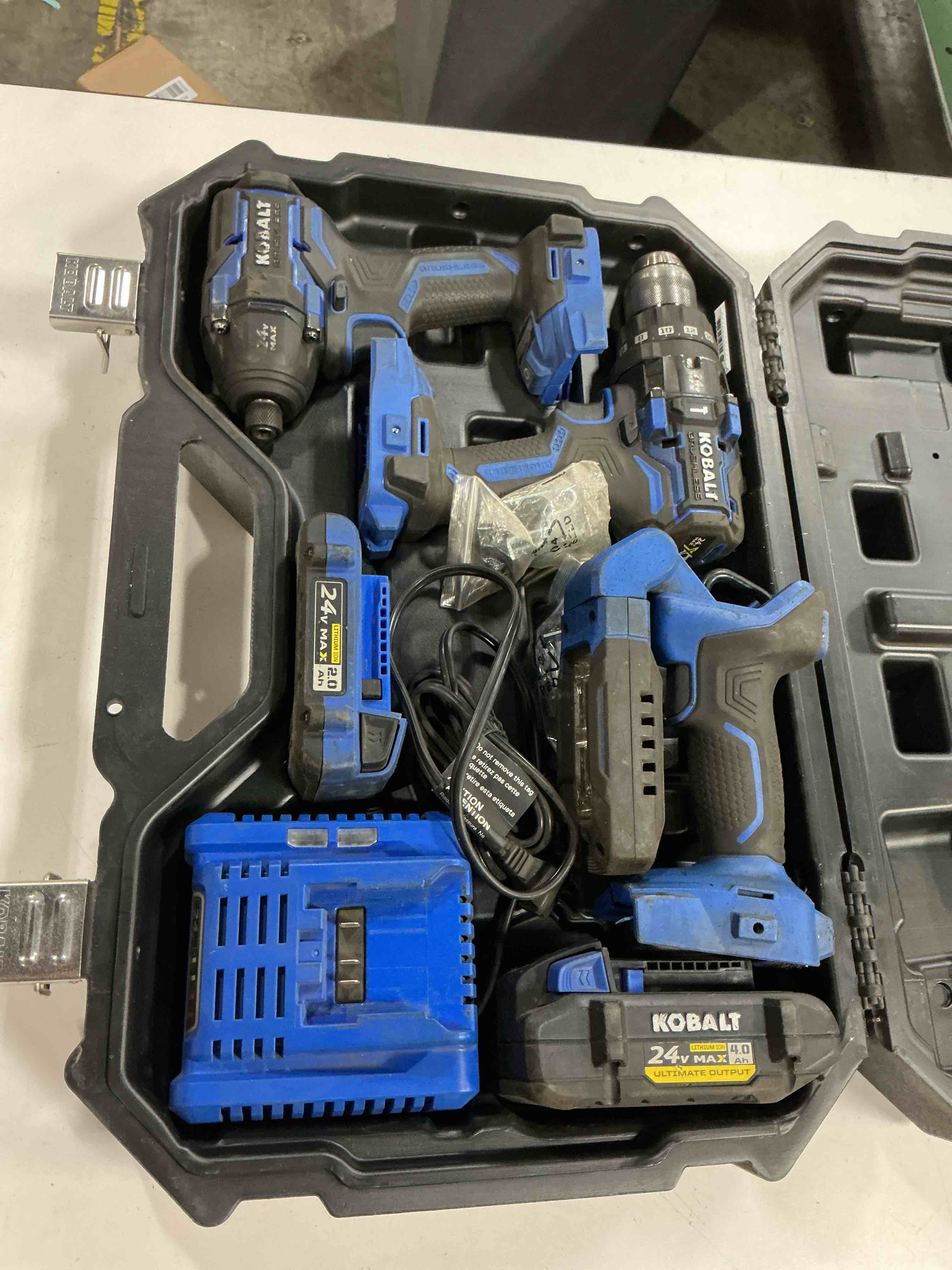 Condition photo showing As Is for kobalt xtr 24-volt 3-tool brushless power tool combo kit with hard case 
