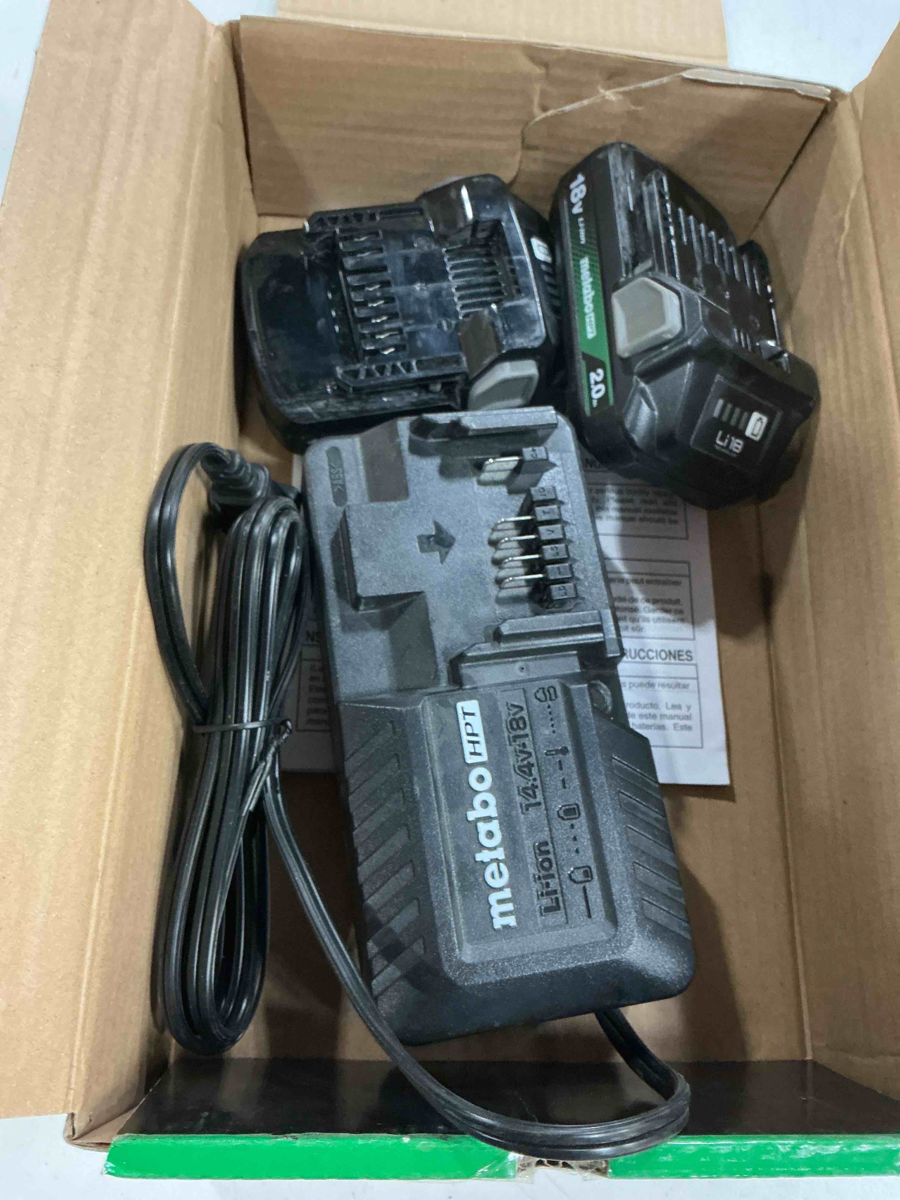 Condition photo showing As Is for metabo hpt 2-pack 18v batteries + charger kit, uc18ykslqbym