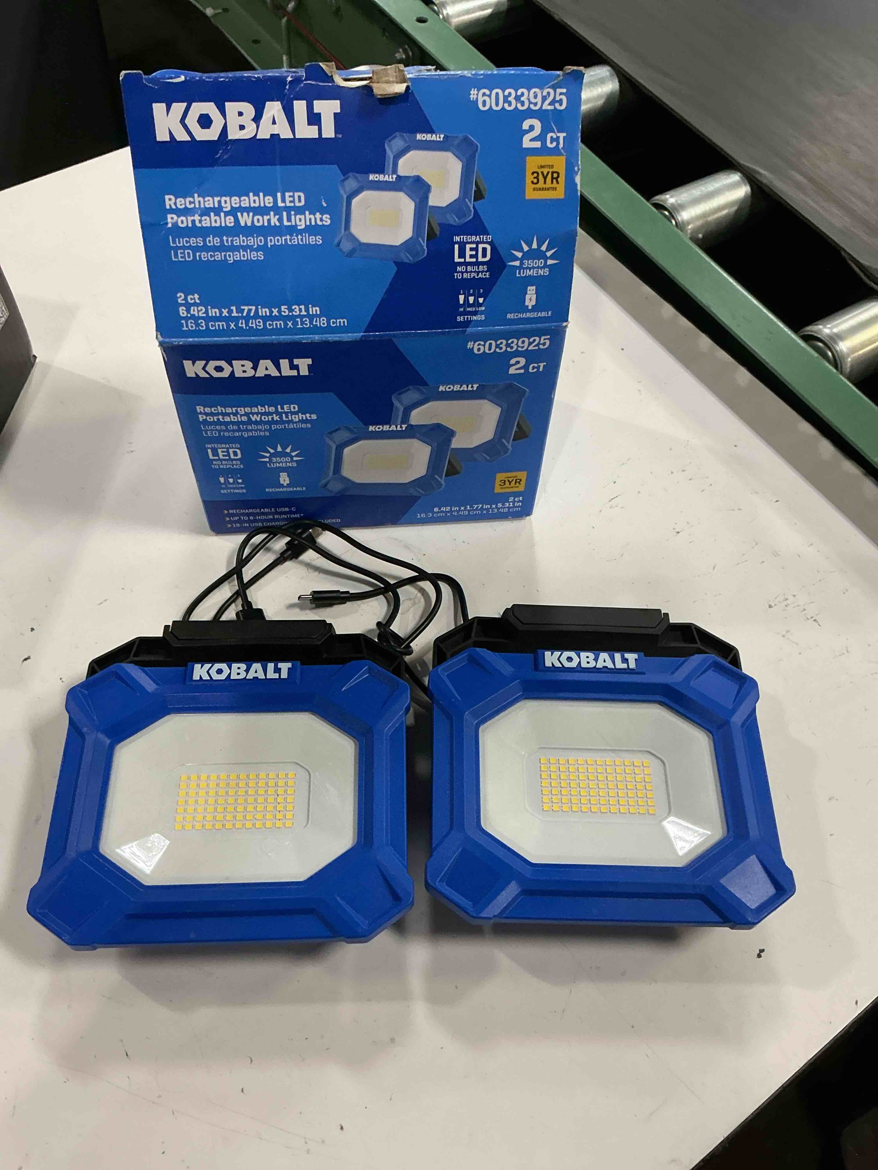 Condition photo showing As Is for kobalt lumens led battery-operated rechargeable portable work light 1 -batteries included 2 -pack