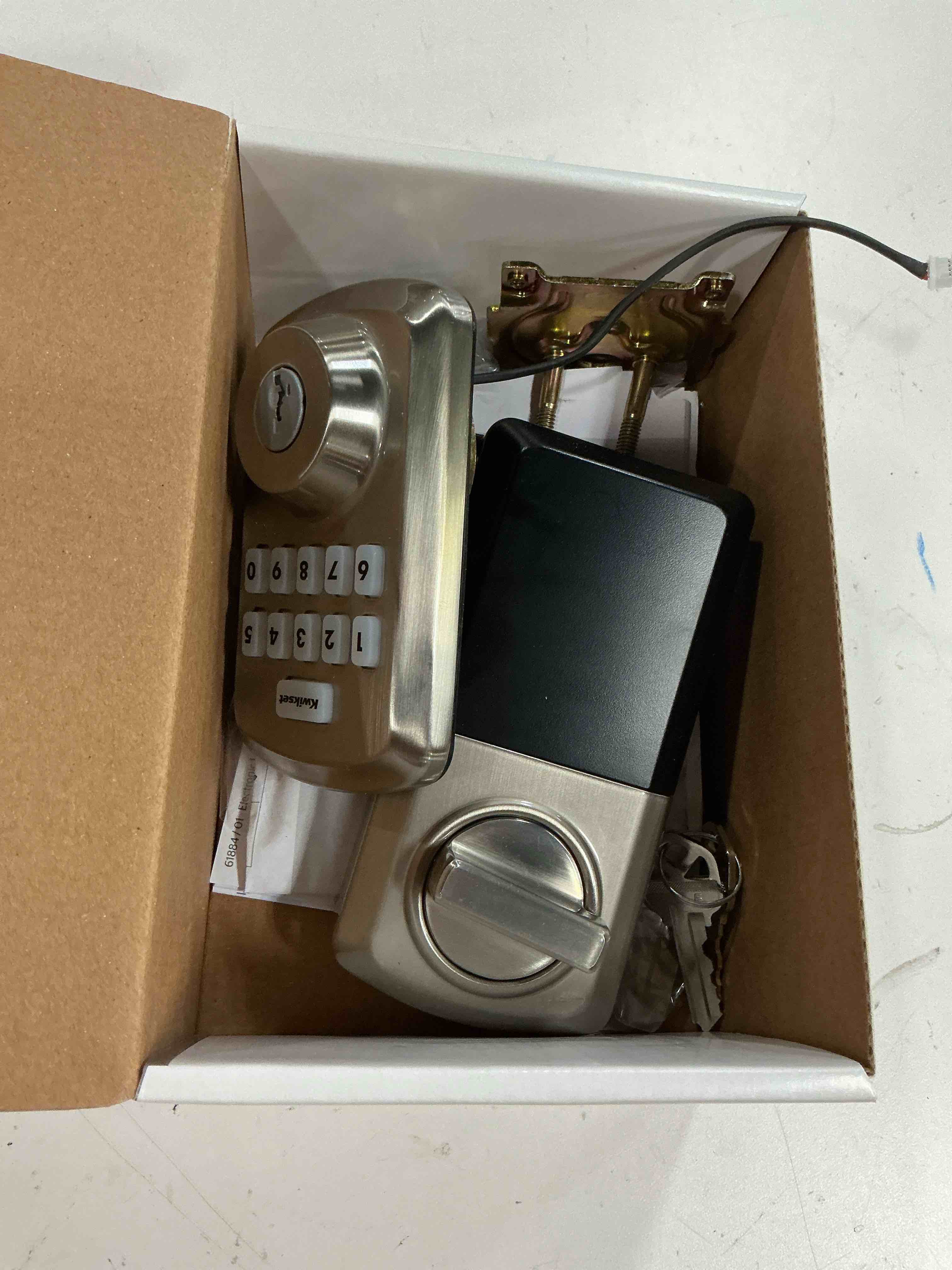 Condition photo showing As Is for kwikset smartcode satin nickel zinc electronic deadbolt