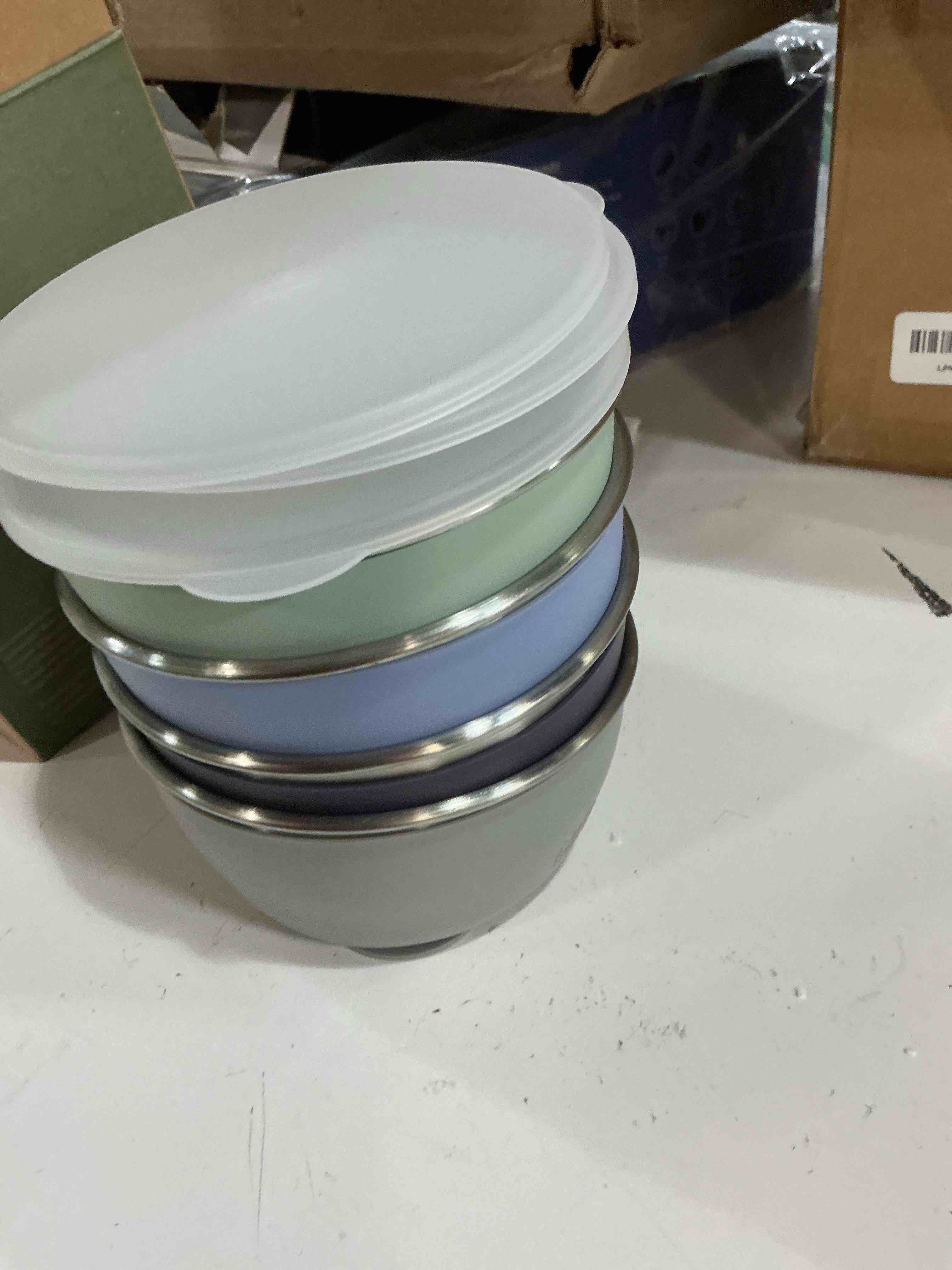 Condition photo showing New/Like New for elk and friends stainless steel bowls with silicone sleeve for babies & toddlers | lids included | stay put suction | cereal & snack bowls | 4 pack sage/mistyblue/navy/gray suction sleeve