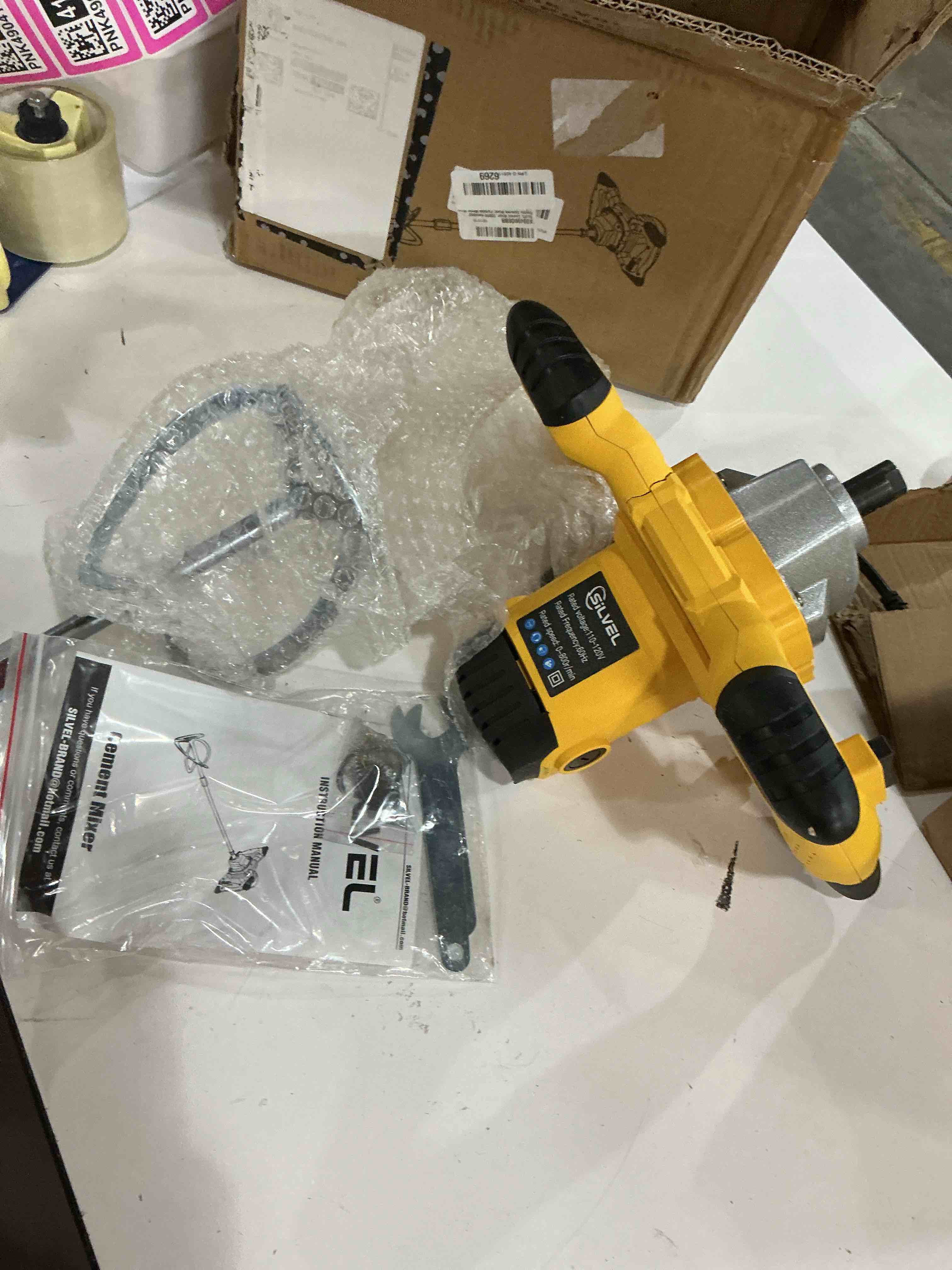 Condition photo showing As Is for silvel cement mixer, max 2300w electric concrete mixer with 6 adjustable speeds, portable mortar mixer, 110v handheld mud mixer for mixing mortar, paint, slurry, gypsum, sheetrock, feeding yellow