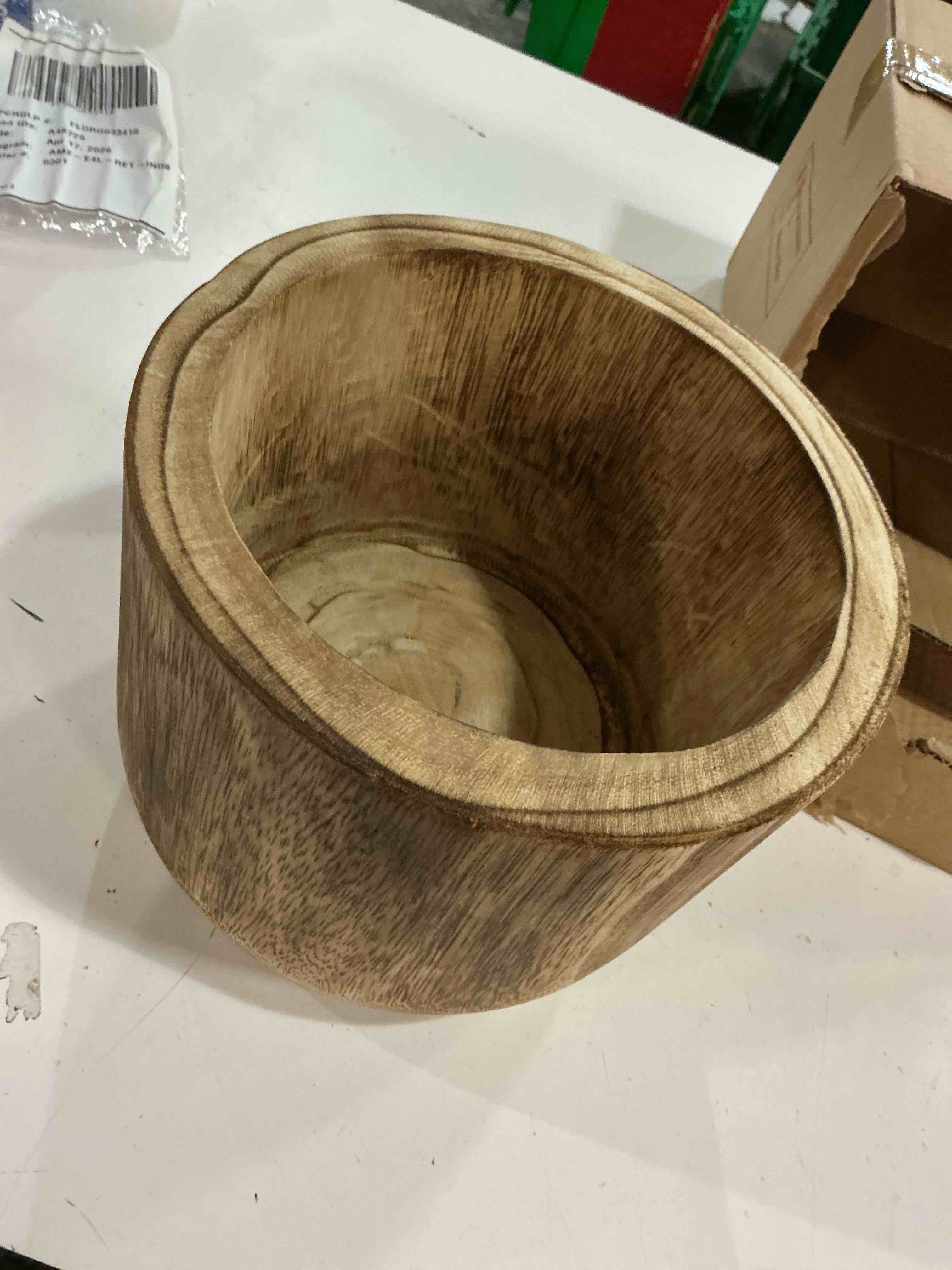 Condition photo showing As Is for cys excel 8.25'' burnt finish cylinder planter lightweight natural wood cachepot for indoor plants, succulents, herbs, home & office decor