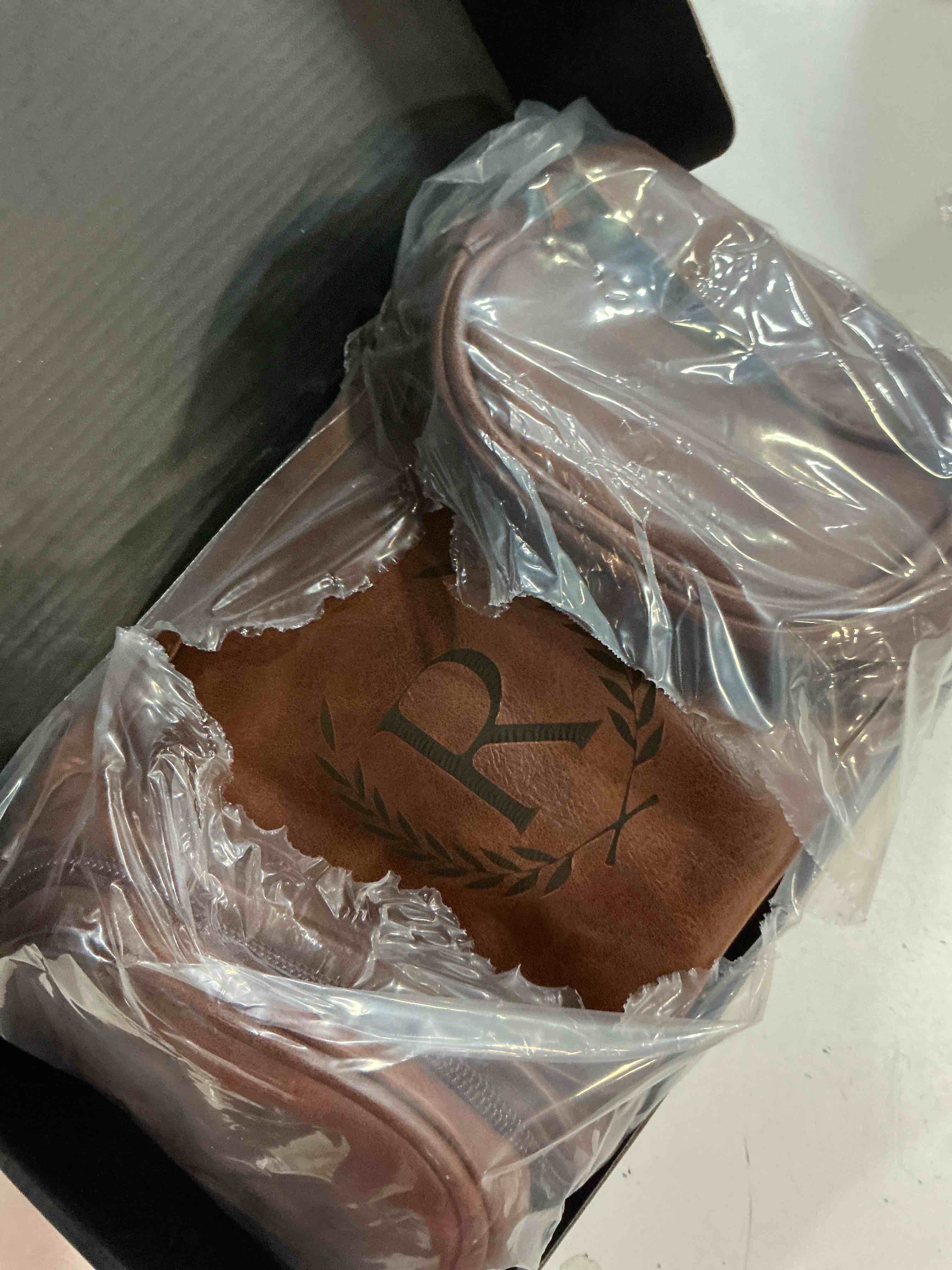 Condition photo showing New/Like New for travel essentials accessories personalized initial letter hanging toiletry bag for men, waterproof pu leather travel size toiletries storage organizer shaving bag for men reddish brown r